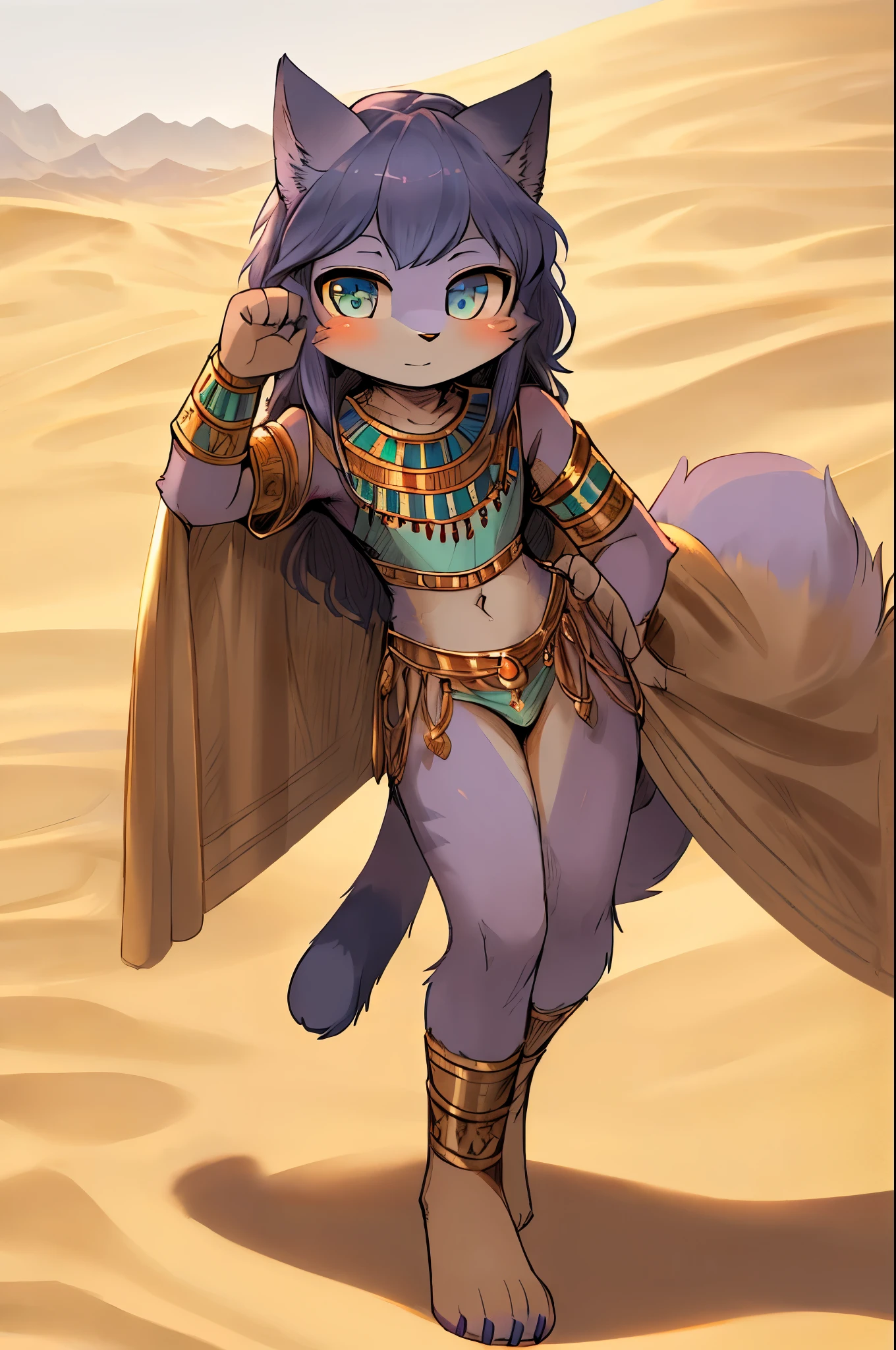 Full body art of  anthropomorphic furry cat with violet fur,  perfect female body, minuscule Egyptian antique clothes, cute sexy, (detailed desert background), ultra sharp focus, detailed face, (((posing))),  western anime style, beautiful eyes, full body, high quality,  depth of field
