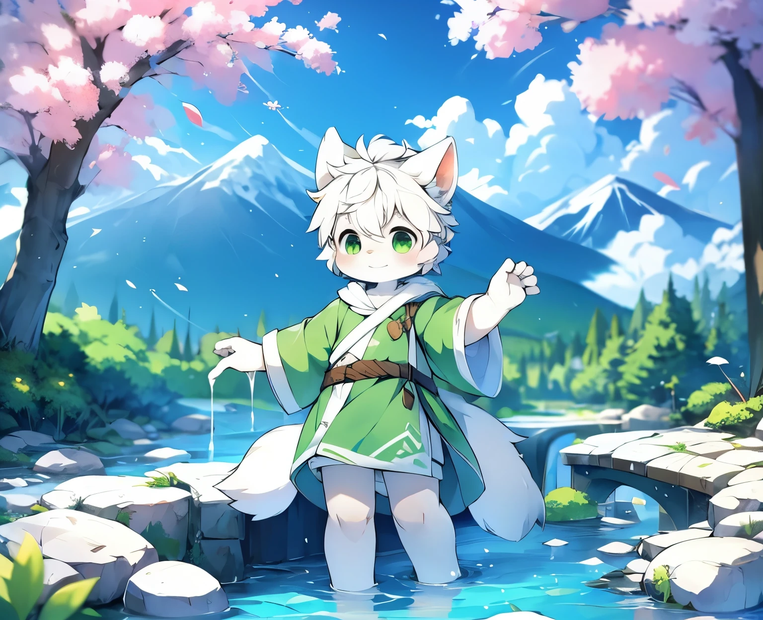 A white deer,deer antlers,rios,mountain ranges,long white robe,Green eyes,blue-sky,White petals,Melting of ice and snow,Melting of ice and snow,Shota,adolable,White pear blossom tree,Shota,adolable,Green clothing,White ears,Fluffy ears,Petals fall all over the ground,The petals float in the air,flowing river,Peach tree,looking toward the viewer