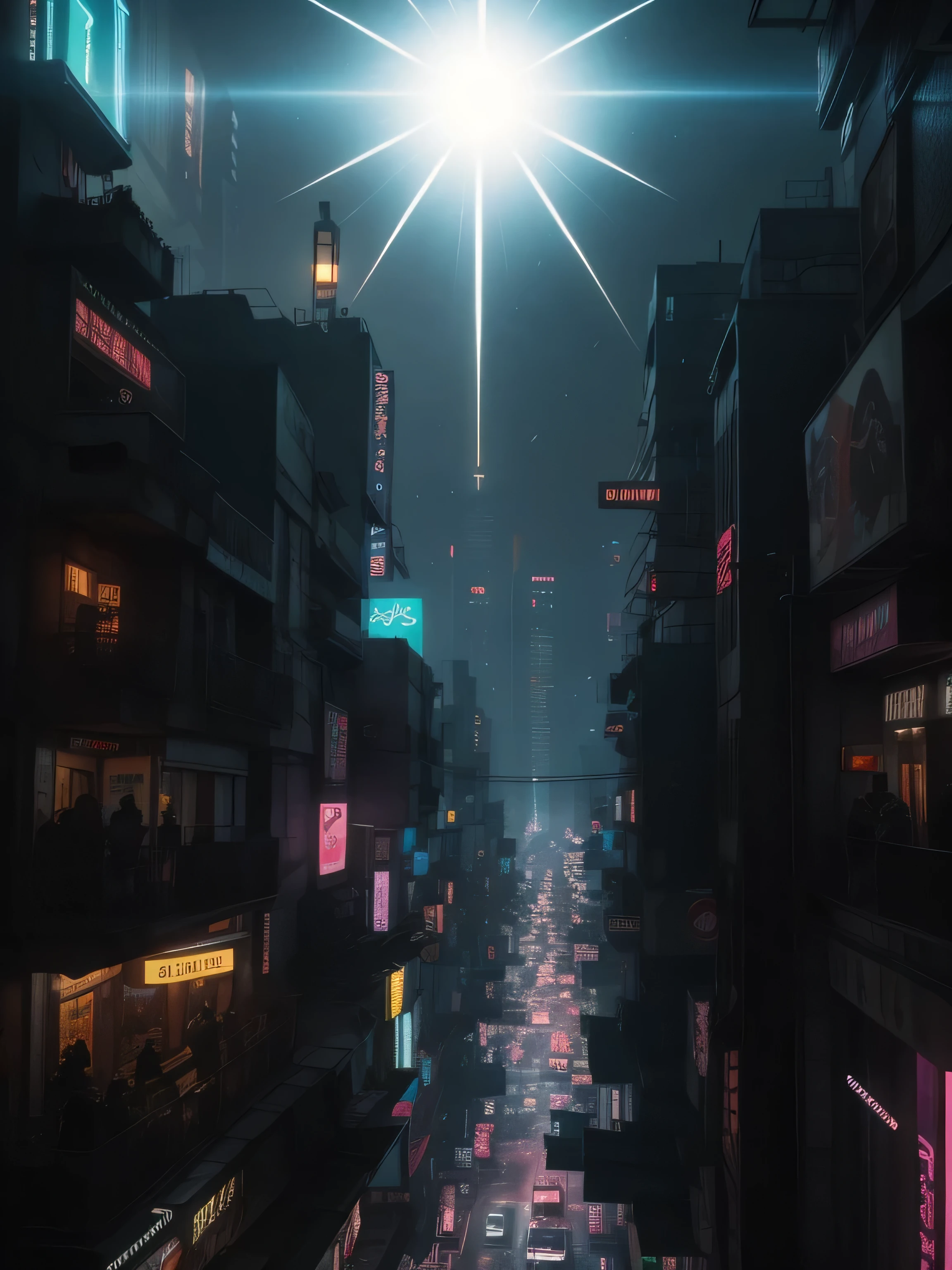 arafed view of a city at night with a bright star, hyper realistic cyberpunk city, bladerunner city landscape, like a scene from blade runner, blade runner vibes, neo tokyo background, blade runner city, 4 k resolution blade runner, cyberpunk city backdrop, in a futuristic cyberpunk city, beeple rendering, cinematic beeple, cyberpunk cityscape