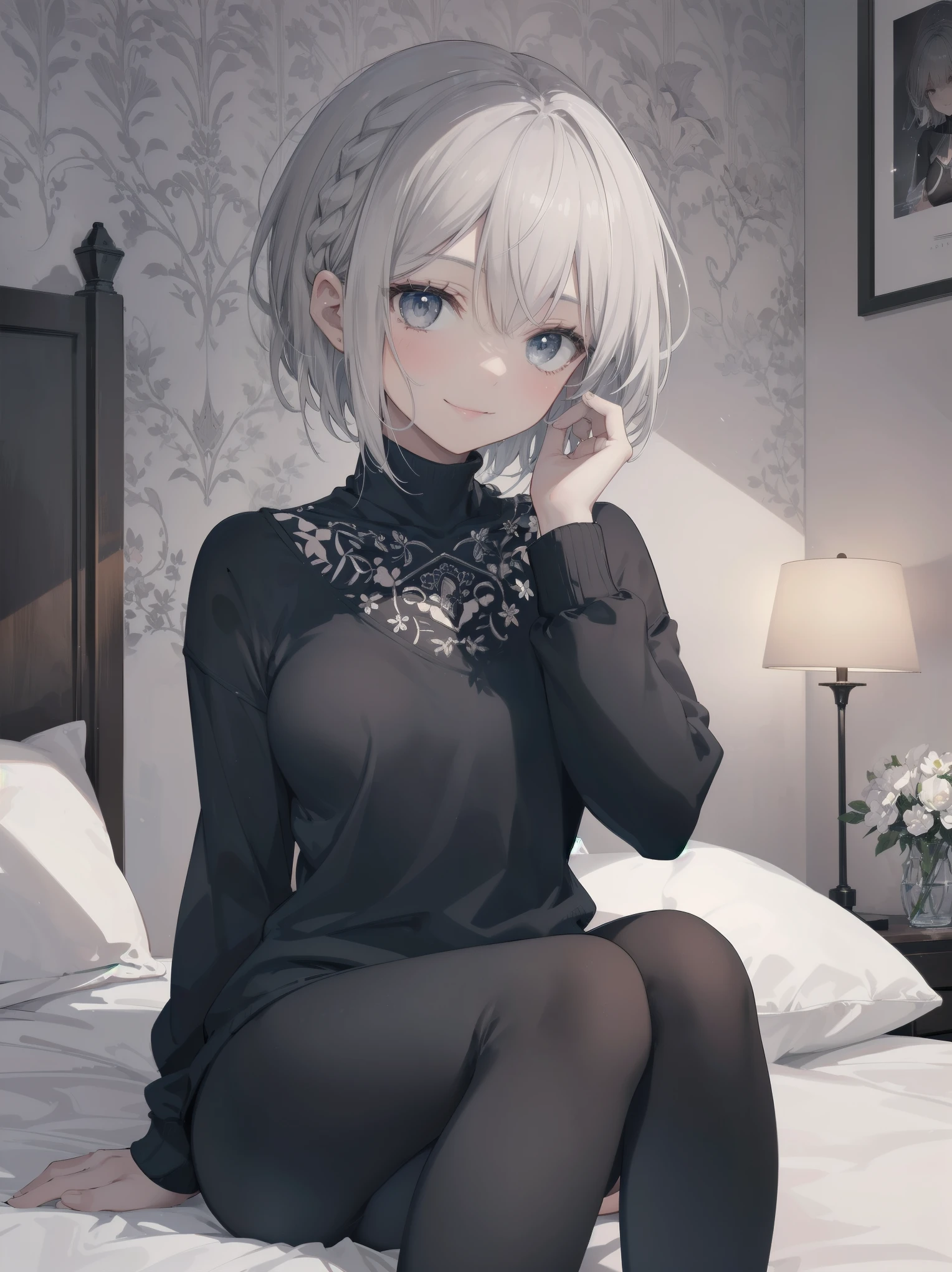 illustration of a woman, (braid hair), (short hair), (grey hair), face shadow, finely detailed, cut-out high neck sweater, leggings, sitting on bed, medium breasts, original, highres, (bedroom background), indie aesthetic, happy theme, smile, majestic hair, marvellous illustration, masterpiece, best quality, (magical:1.1), ray tracing, (face shadow), (intricate detailed:1.2), (ultra detailed:1.2), (detailed light), dynamic pose