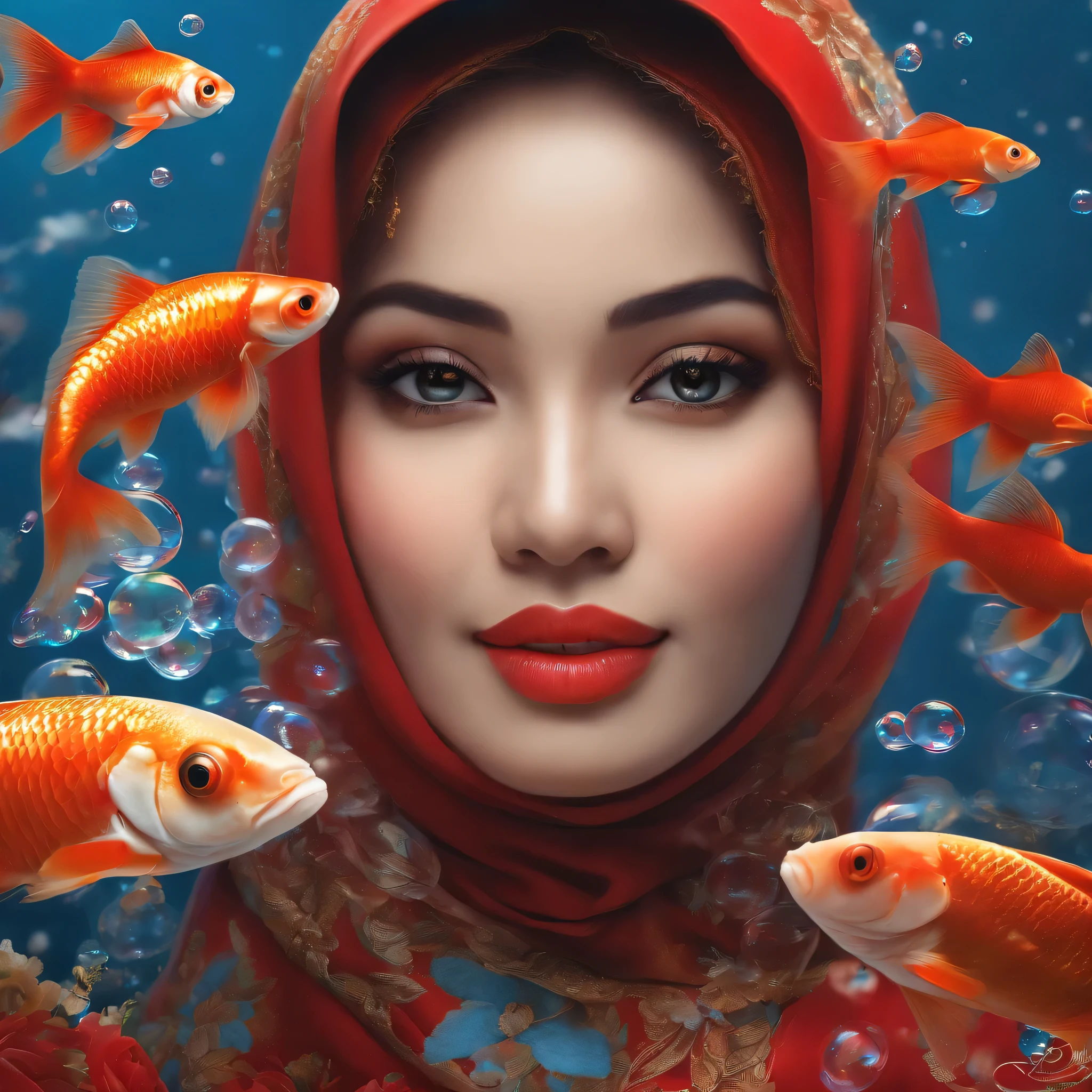 Realistic close up photo of the face of a beautiful Indonesia woman with the hijab, an elegant skirt with an elegant motif, expression smiling calmly nearby. 3 large goldfish with unique and complicated long fins. Bright red and blue colors. There are branches and twigs. Beautiful and complicated cherry blossoms. There are bubbles. All rainbows are perfect and very realistic