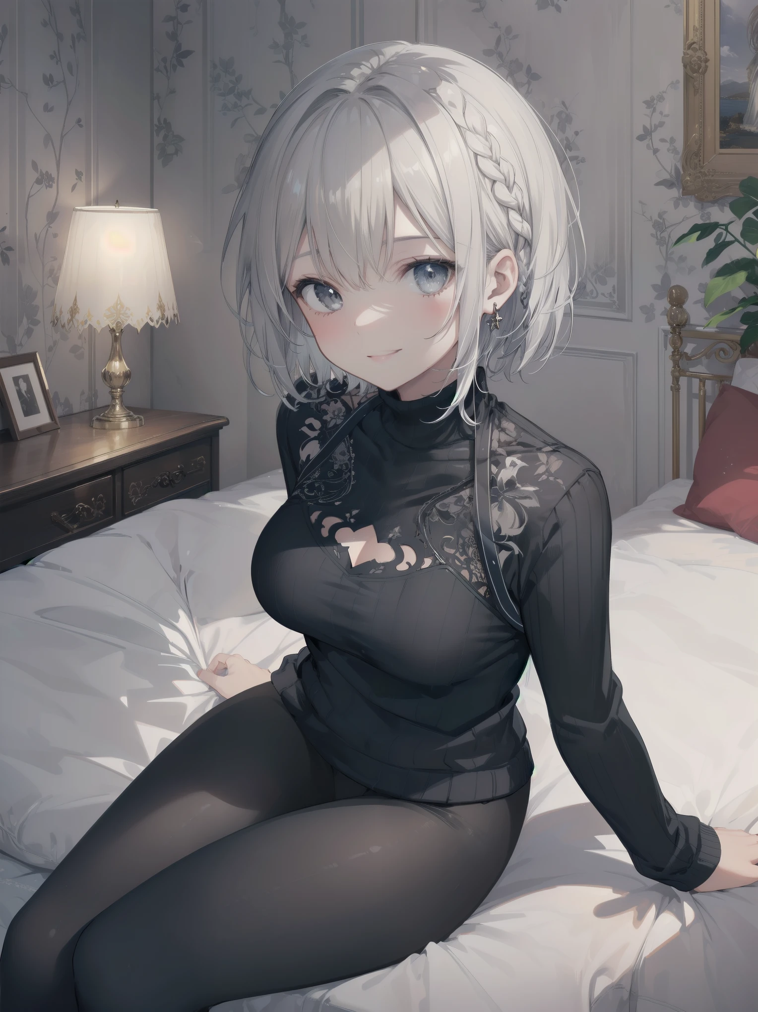 illustration of a woman, (braid hair), (short hair), (grey hair), face shadow, finely detailed, cut-out high neck sweater, leggings, sitting on bed, medium breasts, original, highres, (bedroom background), indie aesthetic, happy theme, smile, majestic hair, marvellous illustration, masterpiece, best quality, (magical:1.1), ray tracing, (face shadow), (intricate detailed:1.2), (ultra detailed:1.2), (detailed light), dynamic pose