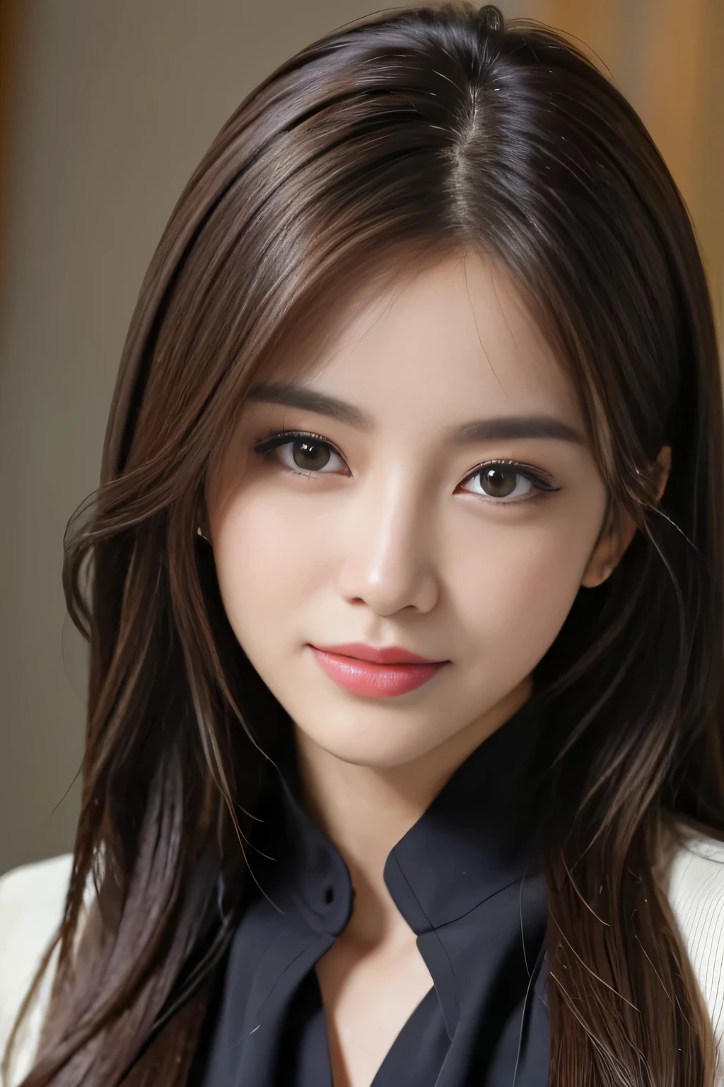 table top、highest quality、genuine、Super detailed、finely、High resolution、8k wallpaper、one beautiful woman、、、light brown disheveled hair、wearing a business suit、sharp focus、perfect dynamic composition、beautiful and detailed eyes、thin hair、詳細なgenuineな肌の質感、smile、close-up portrait、model body shape