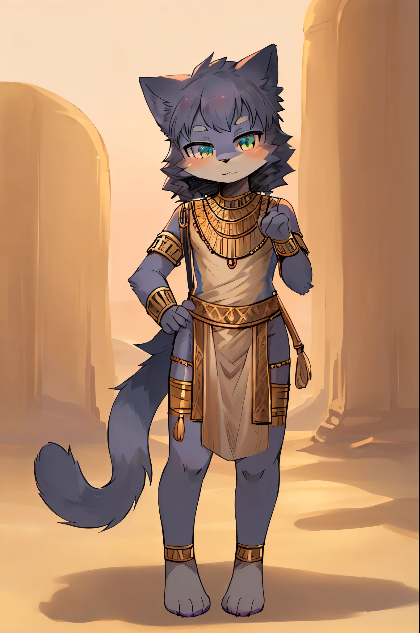 Best quality, Young, 15 year old, Furry, Solo, Male Cat: 1.5, Purple colored skin:1.3, Purple fur:1.3, Yellow eyes, Muscular body, Wearing Egyptian style costume, Standing in the Oasis of desert, Mohawk hair, Detailed fur, Detailed cloths, Furry animal ears, Abs.