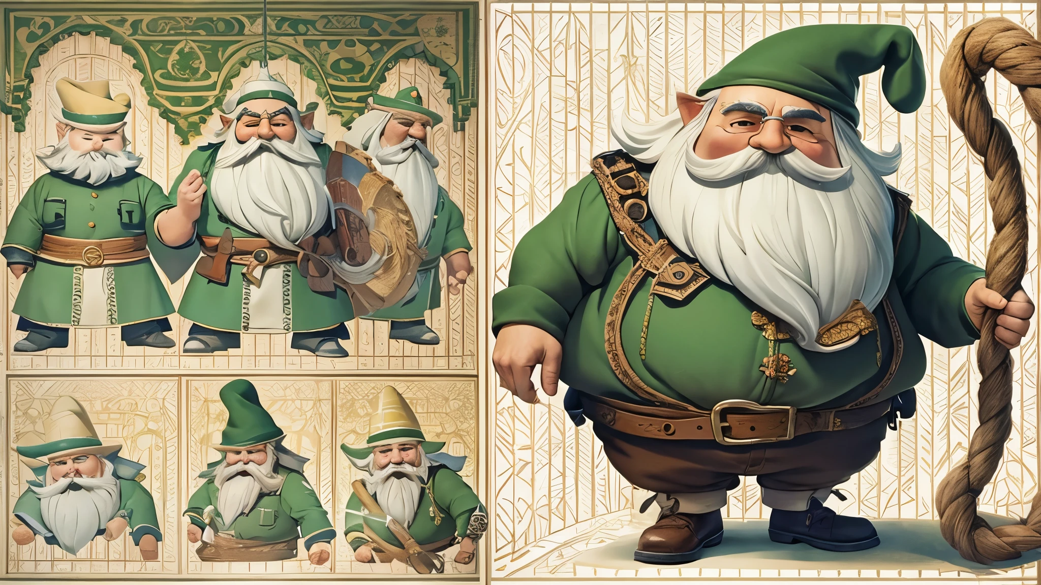(master piece), 8k, best quality, book illustration, gnome, 40 centimeters tall, chubby, full white beard and a large mustache, green pointed hat, tied, tied with a rope