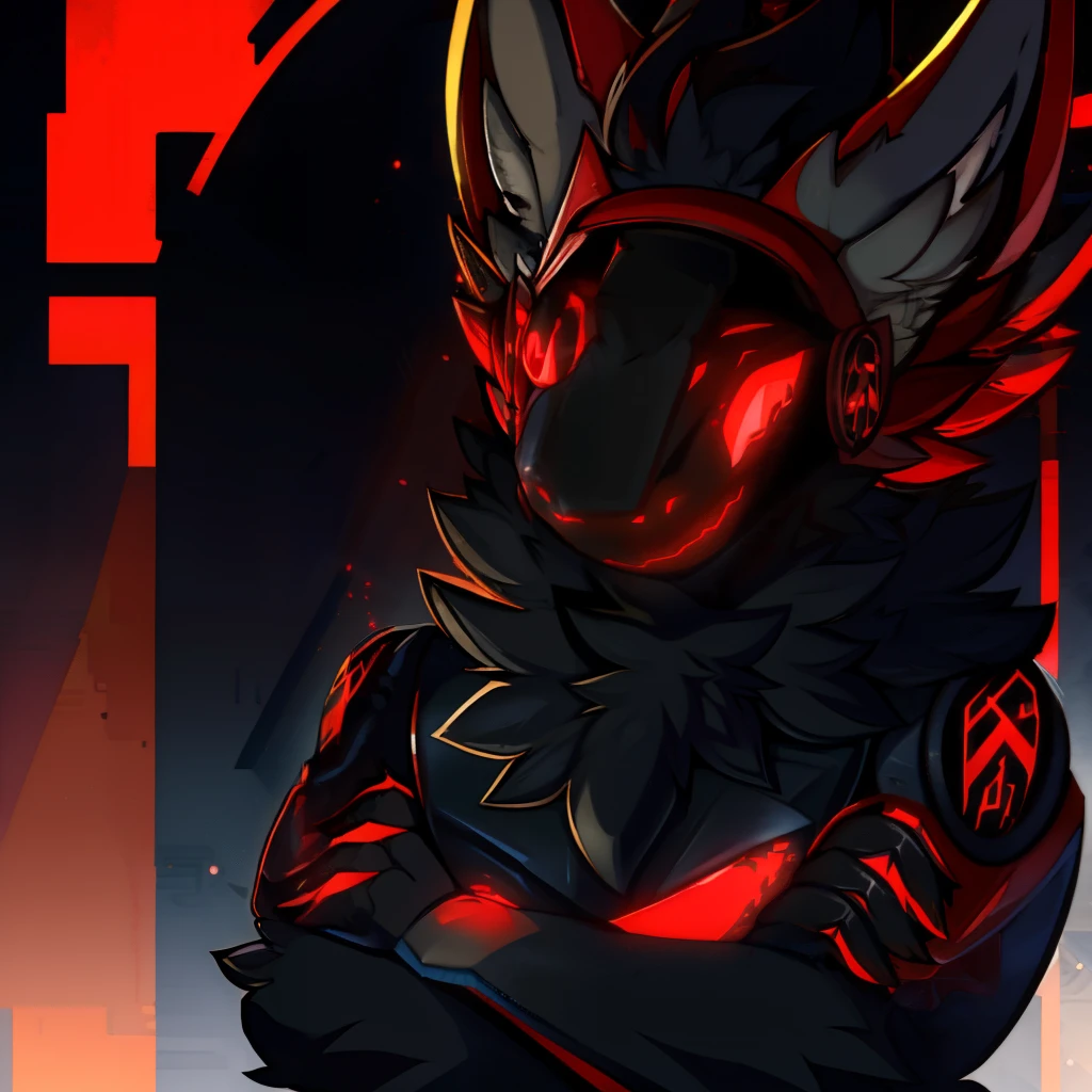 Protogen,black,red mechanical mask,arms crossed,staring at the viewer,serious expression,illustrated,ultra-detailed,professional,sharp focus,bokeh,vivid colors,glowing eyes,sci-fi,metal texture,studio lighting,neon lights