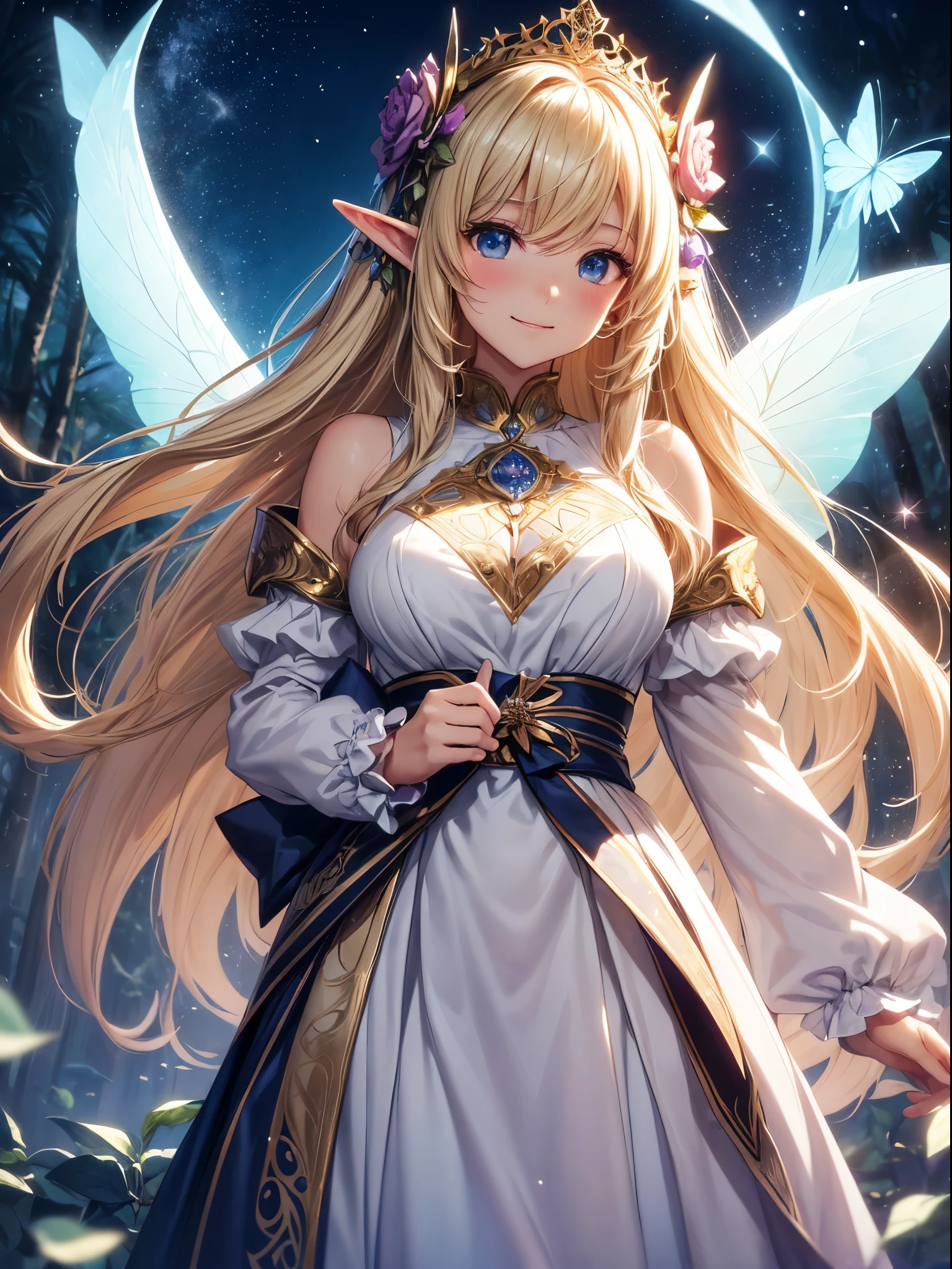 highest quality、fairy tale、world of picture books、Highest image quality、masterpiece、dynamic angle、bold composition、Titania、Super beautiful elf beauty((22 years old OL big bust、bust 90,beautiful long ironed hair、blonde、Height: 165cm。slender、Giant Butterfly々feather、fairy wings、white roseのflower束を持つ、white rose、たくさんのwhite rose、Esbian、beautiful tiara、night、High quality、美しいart、background((starry ski)))muste piece、ビジュアルart、Depth of the bounds written、、elf ears、光のmagic、universe、A happy smile、gentle light、lanthanum、get lost、、ティッカー美しいdecoration的な、elegant、mystical rosa、 heaven、beautiful dressy、beautiful dress、、giant galaxy、myth、ART、Lord of the Ring、friendly smile、Fantastic、mysteryの森、in the forest、magicの光、fantasy、flower、super REALITYたくさんの薔薇、magic、Nature、壮大なflower畑、、fantasy、hourglass、decoration、gold foil、mysteryの光、Art nouveau、alphonse Mucha、、byzantine art、art、art,mystery,UHD,magicalgentle light,