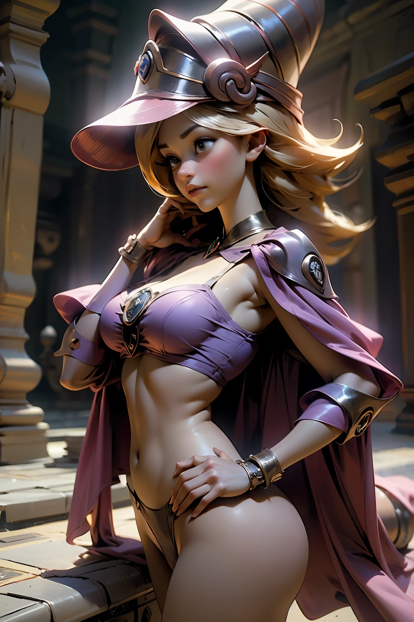 (obra maestra:1.2), (La mejor calidad:1.2), perfect lighting, Chica Maga Oscura lanzando un hechizo, en batalla. flotando en el aire, tetas medianas visibles, escote transparente, bata azul, sombrero grande, desde arriba, Destellos, Yugioh juego, The magic of the heart. LIGHTS OF THE HEART, Romantic heart. Ella usa tacones. Tiene tacones. Usa tacones
