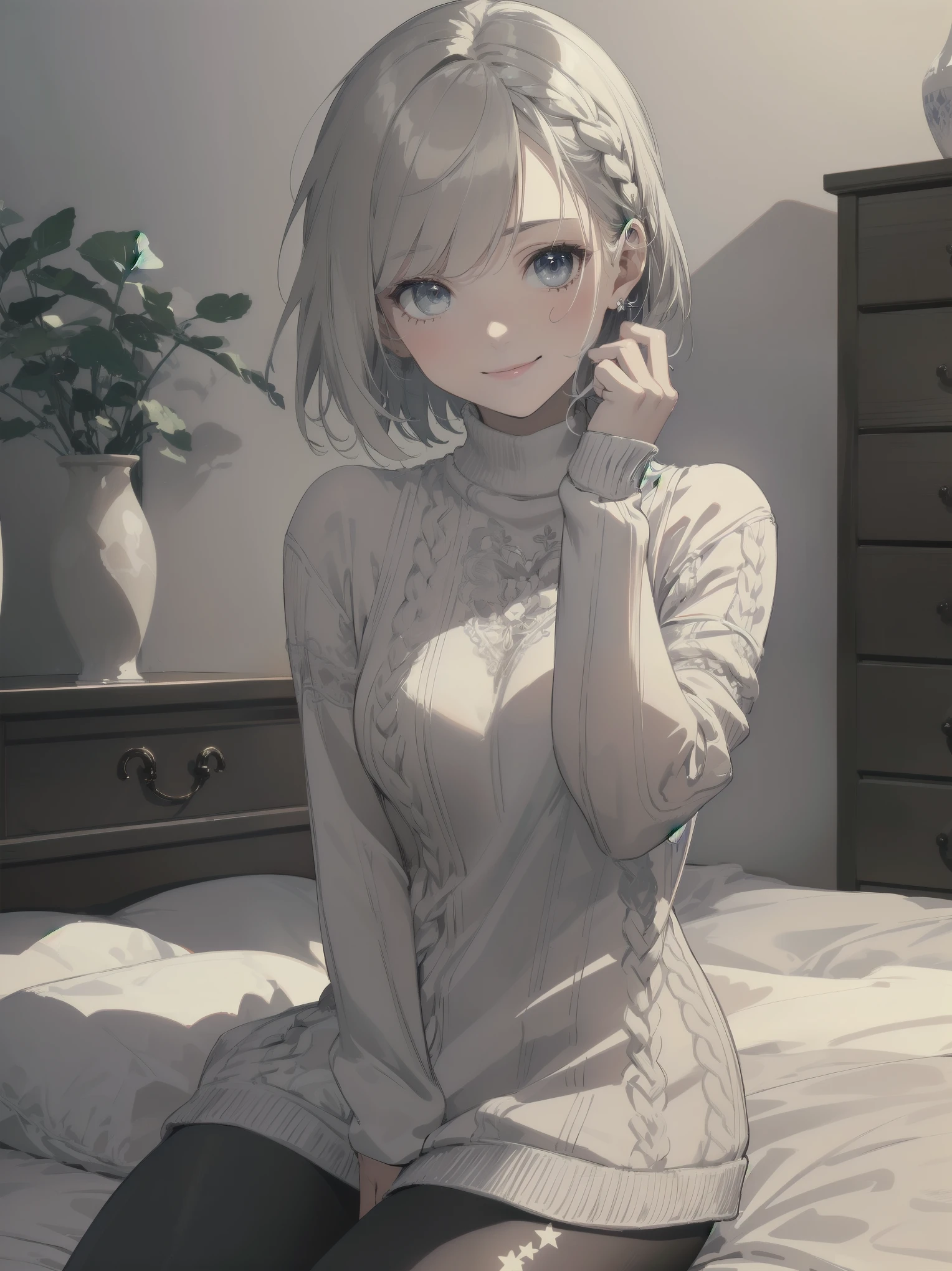 illustration of a woman, (braid hair), (short hair), (grey hair), face shadow, finely detailed, cut-out high neck sweater, leggings, sitting on bed, medium breasts, original, highres, (bedroom background), indie aesthetic, happy theme, smile, majestic hair, marvellous illustration, masterpiece, best quality, (magical:1.1), ray tracing, (face shadow), (intricate detailed:1.2), (ultra detailed:1.2), (detailed light), dynamic pose