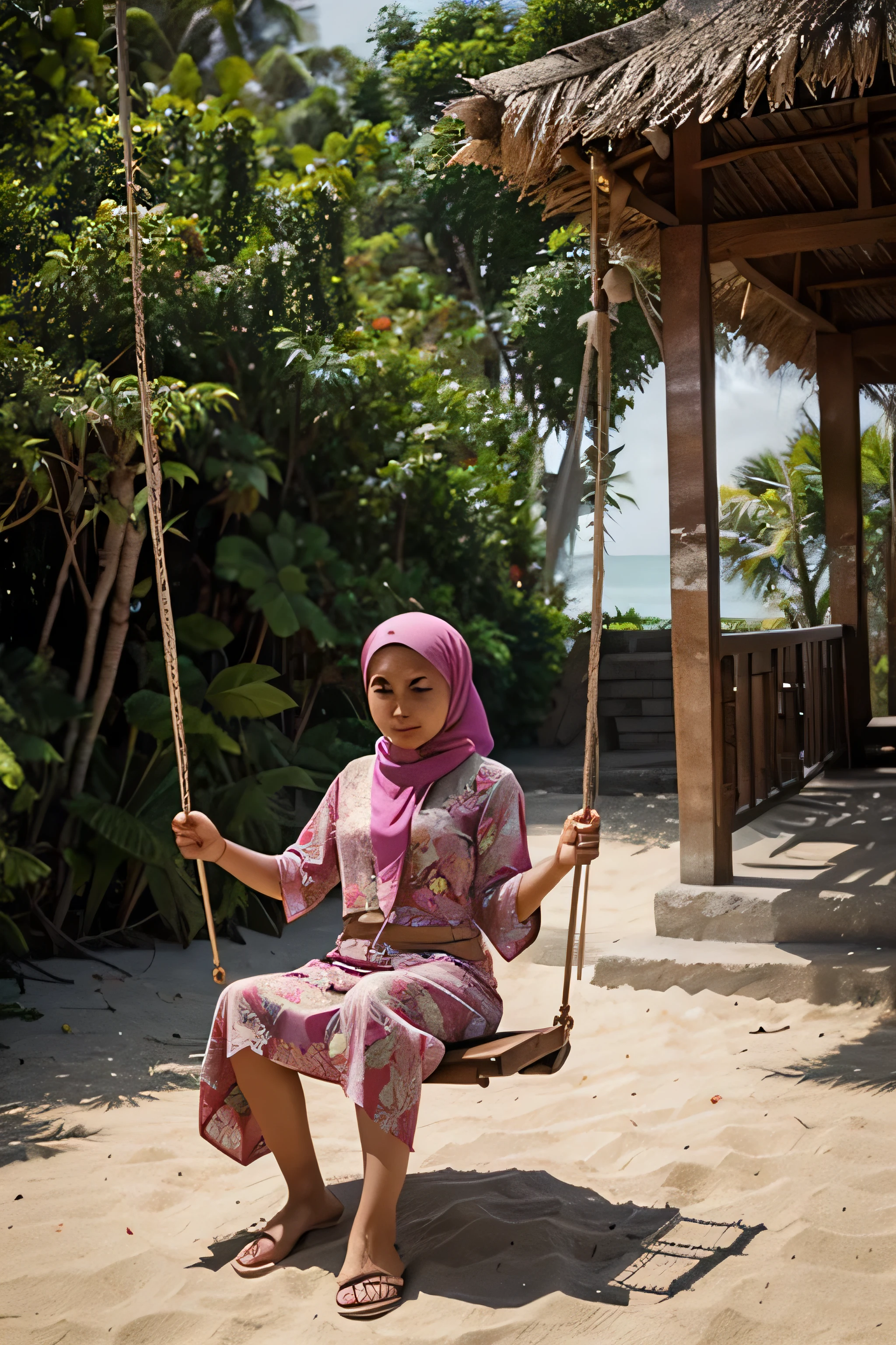 An Indonesian woman wearing a headscarf is playing on a swing near the beach