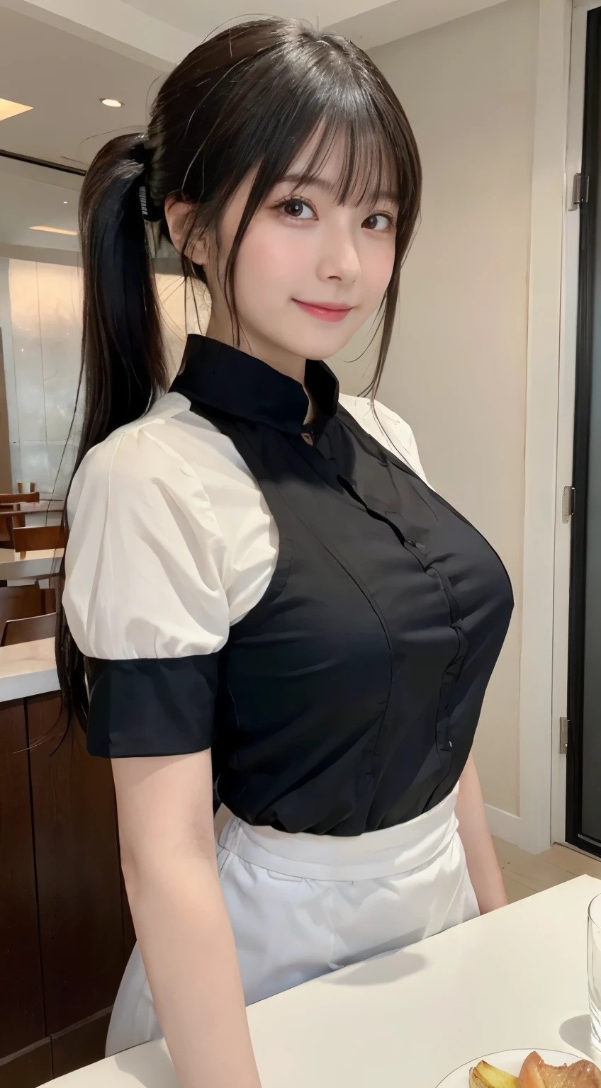 (highest quality,masterpiece:1.3,ultra high resolution,),(Super detailed,caustics),(Photoreal:1.4,RAW shooting,)ultra-realistic capture,very detailed,High resolution 16K human skin close-up。 natural skin texture、,The pores are、、、、Must be detailed enough to be easily identified。 Skin should look even-toned and healthy。 Use natural light and color,restaurant,waitress uniform,1 girl,Japanese,18-year-old,cute,black haired,ponytail,big breasts,smile,turn your body forward,(Front view:1.1),look at the camera,cowboy shot,