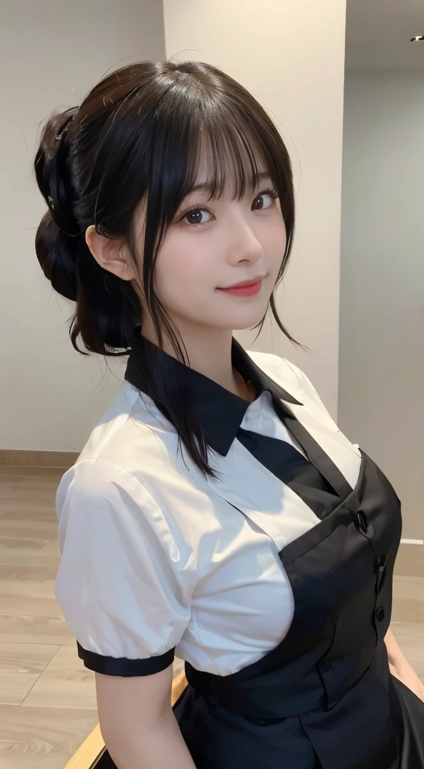 (highest quality,masterpiece:1.3,ultra high resolution,),(Super detailed,caustics),(Photoreal:1.4,RAW shooting,)ultra-realistic capture,very detailed,High resolution 16K human skin close-up。 natural skin texture、,The pores are、、、、Must be detailed enough to be easily identified。 Skin should look even-toned and healthy。 Use natural light and color,restaurant,waitress uniform,1 girl,Japanese,18-year-old,cute,black haired,ponytail,big breasts,smile,turn your body forward,(Front view:1.1),look at the camera,cowboy shot,