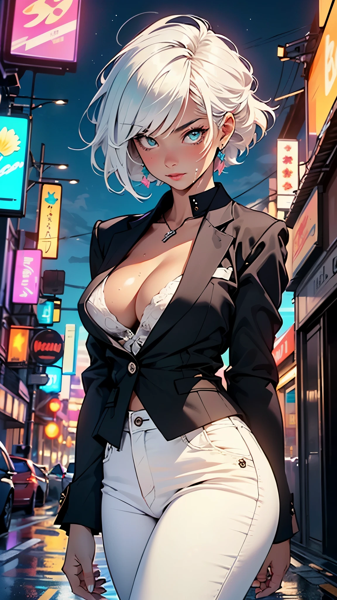 cute albino girl,(((1girl))),((albino girl with extremely cute and beautiful white hair)),
(small breasts:1.4),(((white hair:1.35,colored inner hair,ear breathing,small white hair,tomboy haircut))),((heterochromia:1.5, (aqua_eye and white_eye))),intricate eyes,beautiful detailed eyes,symmetrical eyes,((fat)),(((pale skin,lustrous skin:1.5,bright skin: 1.5,shiny skin,very shiny skin,shiny body,plastic glitter skin,exaggerated shiny skin,illuminated skin,wet legs))),(spider lower abdomen,narrow waist,wide hip,athletic body,inflated legs, thick thighs,detailed body,(detailed face)),
cute,slutty,seductive,erotic,(((nsfw))),
(((wearing white formal blazer,white pants,))),(((huge cleavage))),((wet clothes,intricate outfit,intricate clothes)),
(dynamic pose:1.0),solo focus,embarrassed,(centered,scale to fit dimensions,Rule of thirds),
cyberpunk city by the ocean at night, with bright neon signs and dark stormy clouds and puddles, scenery:1.25,nighttime, starry night, cosmos,Very dark night that makes the neon lights stand out, very bright neon lights,nighttime, starry night, cosmos,
artistic photography,(photography taken by sldr),highres, sharp focus,(ultra detailed, extremely detailed), (photorealistic artwork:1.37),(extremely detailed CG unity 8k wallpaper),((synthwave background theme)),(((vibrant colors))),intricate,(intricate background),(masterpiece),(best quality),perfect rendered face,perfect face details,realistic face,photo realistic,analog style,((intricate detail)),(((realism))),