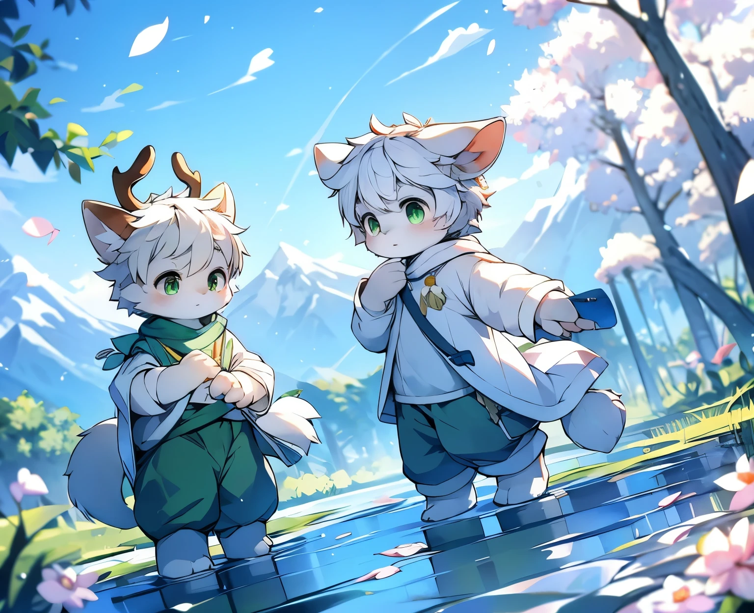 A white deer，deer antlers，rios，mountain ranges，long white robe，Green eyes，blue-sky，White petals，Melting of ice and snow，Melting of ice and snow，Shota，adolable，White pear blossom tree，Shota，adolable，Green clothing，White ears，Fluffy ears，Petals fall all over the ground，The petals float in the air，flowing river，Peach tree，looking toward the viewer