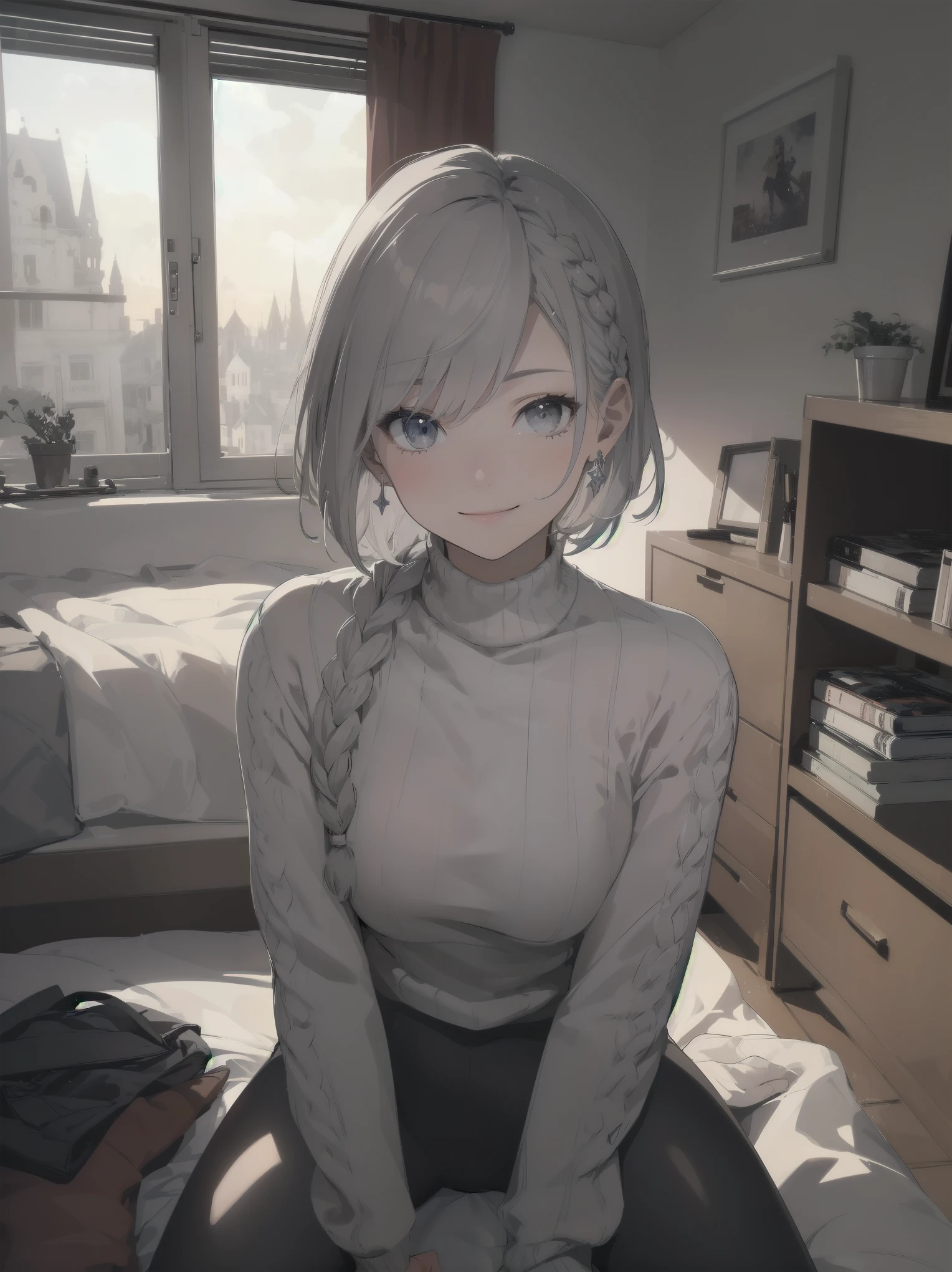 illustration of a woman, (braid hair), (short hair), (grey hair), face shadow, finely detailed, cut-out high neck sweater, leggings, sitting on bed, medium breasts, original, highres, (bedroom background), indie aesthetic, happy theme, smile, majestic hair, marvellous illustration, masterpiece, best quality, (magical:1.1), ray tracing, (face shadow), (intricate detailed:1.2), (ultra detailed:1.2), (detailed light), dynamic pose