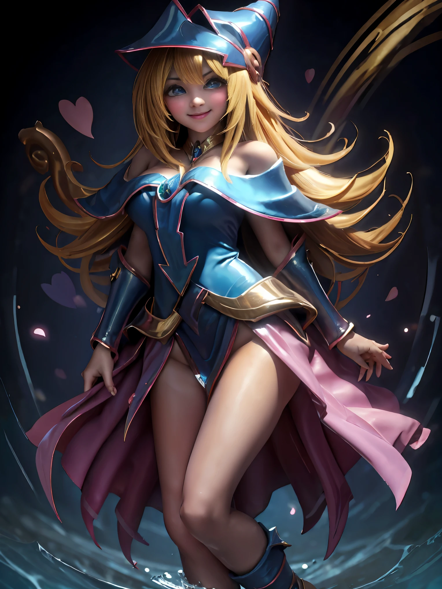 Dark magician gils en el aire, ella esta parada saltando, Magic hearts background. Sonrisa en sus labios. Ojos celestes. Cabello dorado. Pose sensual. Levitando en una pie. Tiene tacones. 1.1 Usa tacones azules y dorados . Usa tacones