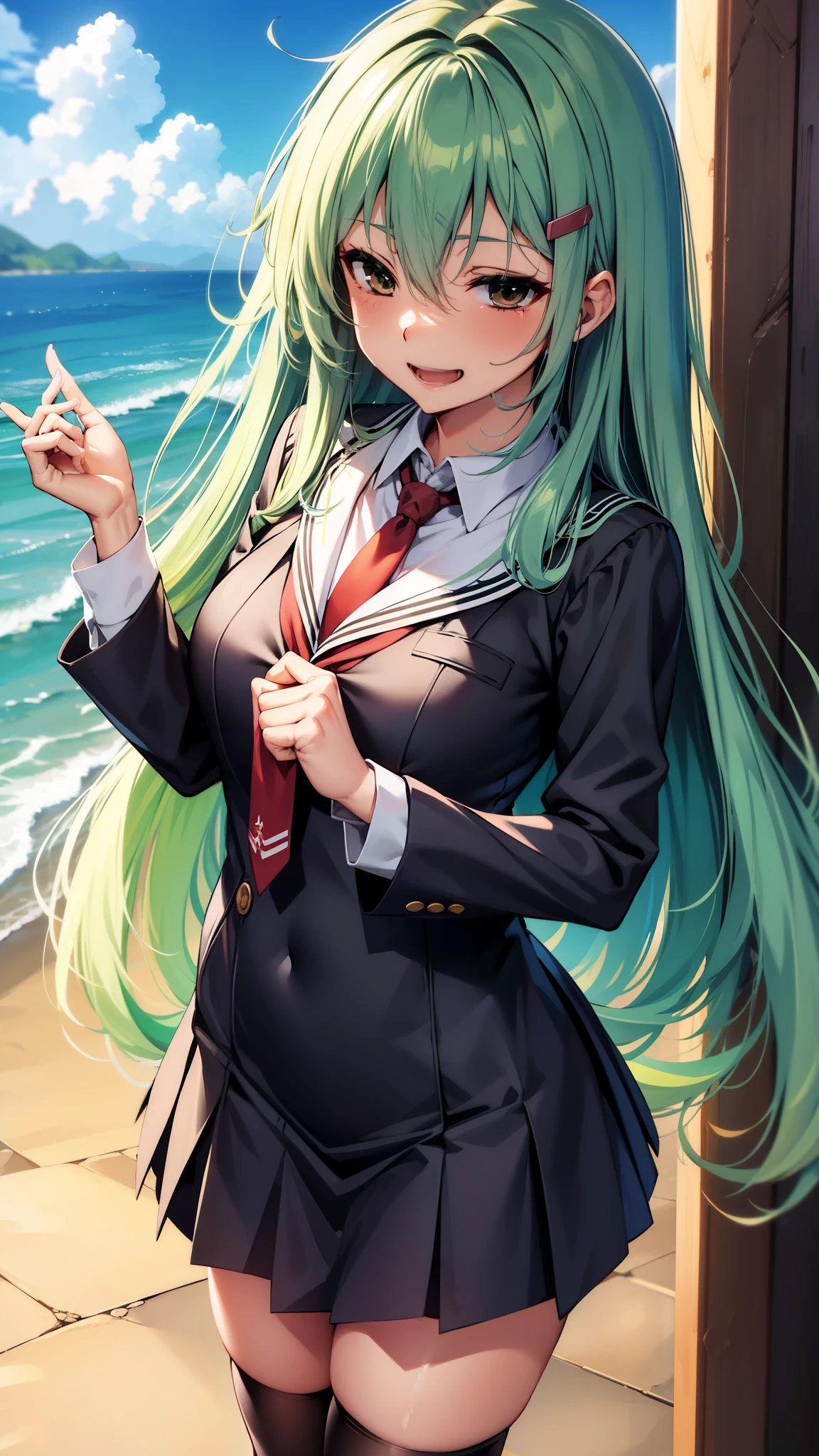 blush,,green hair,very long hair,suzuya（kancolle）,suzuya（kantai collection）,hair clip,huge breasts,open mouth,blush,,shiny body,shiny skin,ooudoor ,sky,,school uniform,standing,smile