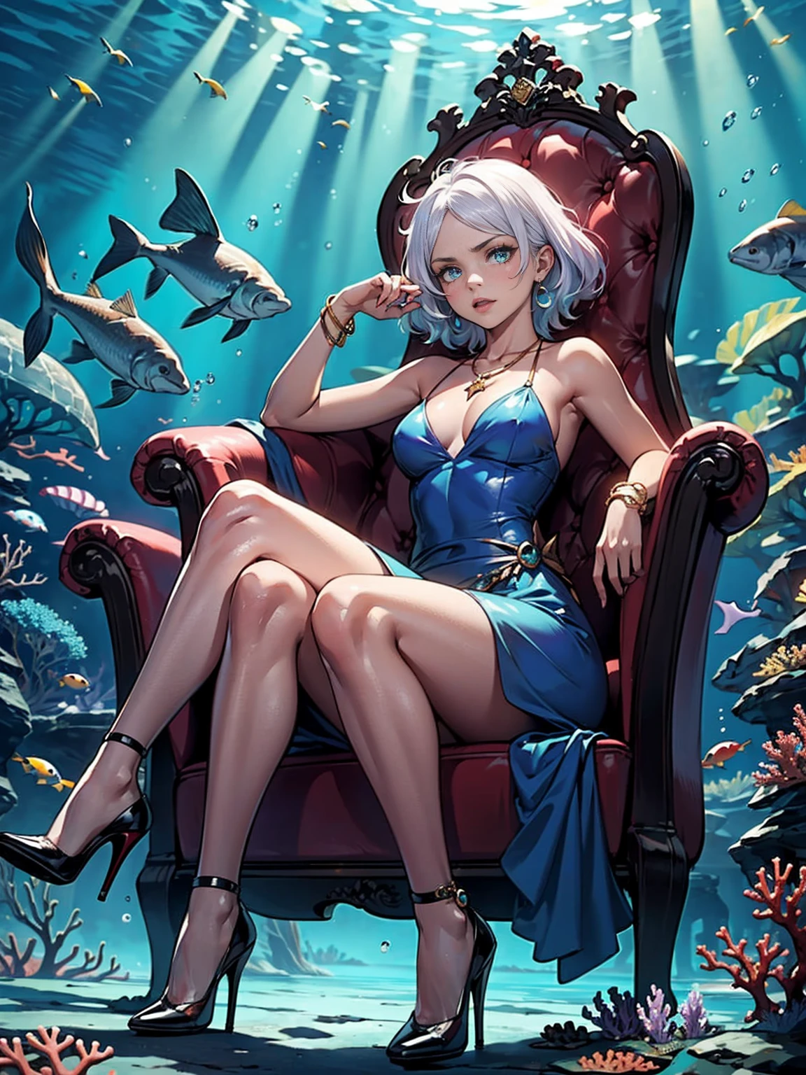 ((1girl, solo ,alone, shor hair, white hair, green eyes, small breasts, dark, tanned skin, fitness)), ((solo, 1woman, pink lipstick, Extremely detailed, ambient soft lighting, 4k, perfect eyes, a perfect face, perfect lighting, a 1girl)), austere, ((sitting on a throne, ((legs crossed, high heels, underwater, submerged in the ocean, deep sea, sea creatures, aqua)), sitting on her throne under; water, sea queen, mu yanling, Krenz Cushart and Artgerm, ((fish, coral)), shark, turtle, algae)), ((long dress, elegant dress , formal lavender blue dress, (Lavender Blue dress), bracelets, ruby earrings, gold necklace, diamond, sovereign))