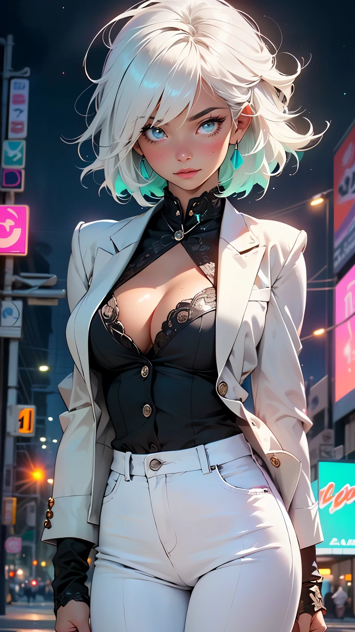 cute albino girl,(((1girl))),((albino girl with extremely cute and beautiful white hair)),
(small breasts:1.4),(((white hair:1.35,colored inner hair,ear breathing,small white hair,tomboy haircut))),((heterochromia:1.5, (aqua_eye and white_eye))),intricate eyes,beautiful detailed eyes,symmetrical eyes,((fat)),(((pale skin,lustrous skin:1.5,bright skin: 1.5,shiny skin,very shiny skin,shiny body,plastic glitter skin,exaggerated shiny skin,illuminated skin,wet legs))),(spider lower abdomen,narrow waist,wide hip,athletic body,inflated legs, thick thighs,detailed body,(detailed face)),
cute,slutty,seductive,erotic,(((nsfw))),
(((wearing white formal blazer,white pants,))),(((huge cleavage))),((wet clothes,intricate outfit,intricate clothes)),
(dynamic pose:1.0),solo focus,embarrassed,(centered,scale to fit dimensions,Rule of thirds),
cyberpunk city by the ocean at night, with bright neon signs and dark stormy clouds and puddles, scenery:1.25,nighttime, starry night, cosmos,Very dark night that makes the neon lights stand out, very bright neon lights,nighttime, starry night, cosmos,
artistic photography,(photography taken by sldr),highres, sharp focus,(ultra detailed, extremely detailed), (photorealistic artwork:1.37),(extremely detailed CG unity 8k wallpaper),((synthwave background theme)),(((vibrant colors))),intricate,(intricate background),(masterpiece),(best quality),perfect rendered face,perfect face details,realistic face,photo realistic,analog style,((intricate detail)),(((realism))),