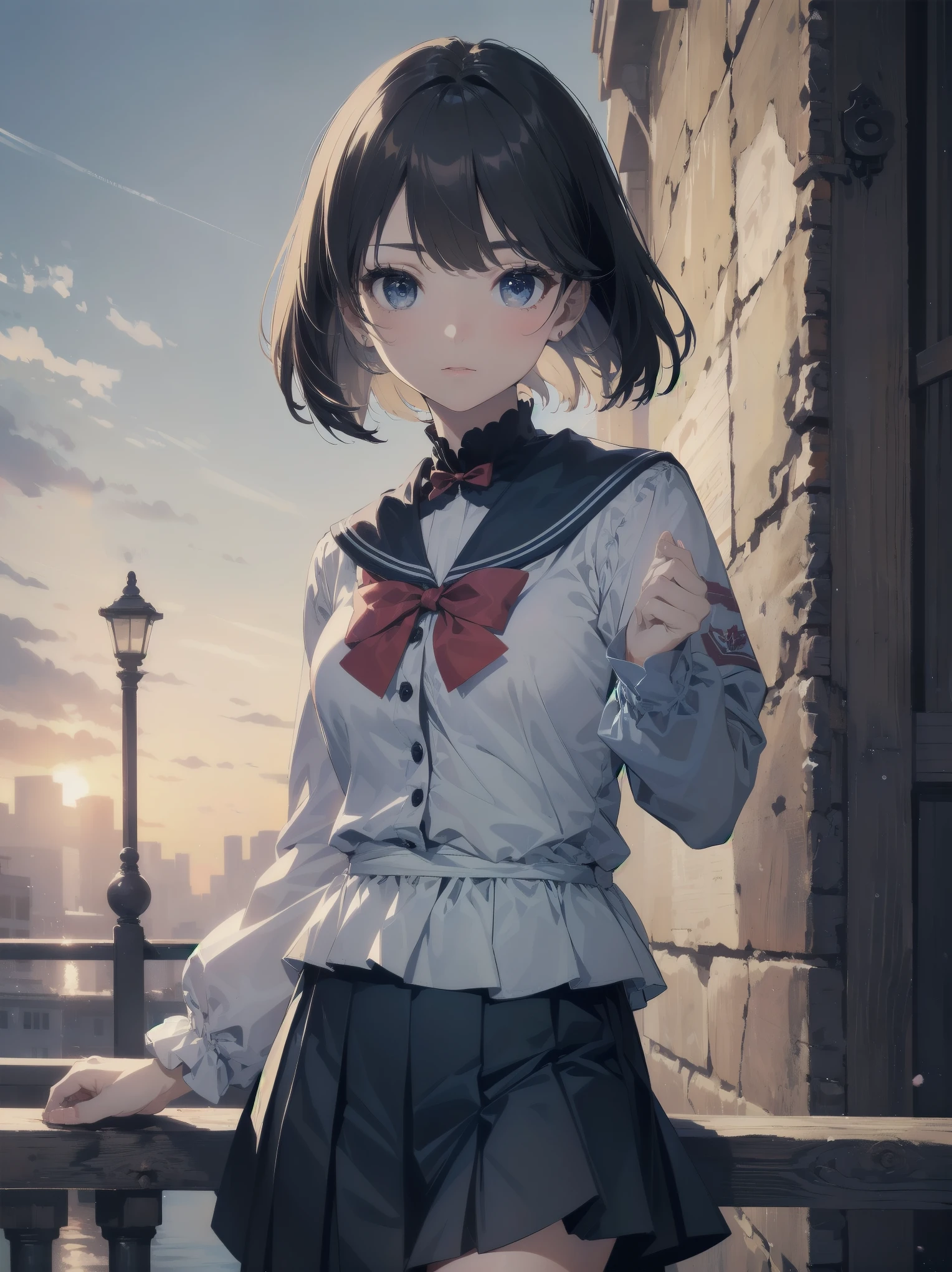 (Top quality, 16K, Masterpiece, Super high resolution, Victorian, Photorealistic: 1.2),1girl,kawaii,cute,face,white long-sleeved sailor uniform, pleated skirt, long skirt, dark blue skirt, red bow on the front, black hair, bob cut, embarrassed