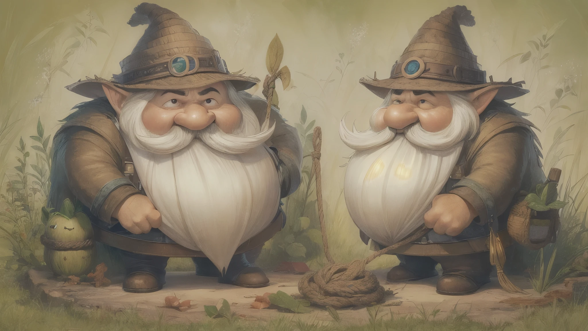 (master piece), 8k, best quality, book illustration, gnome, 40 centimeters tall, chubby, full white beard and a large mustache, green pointed hat, tied, tied with a rope on his arm