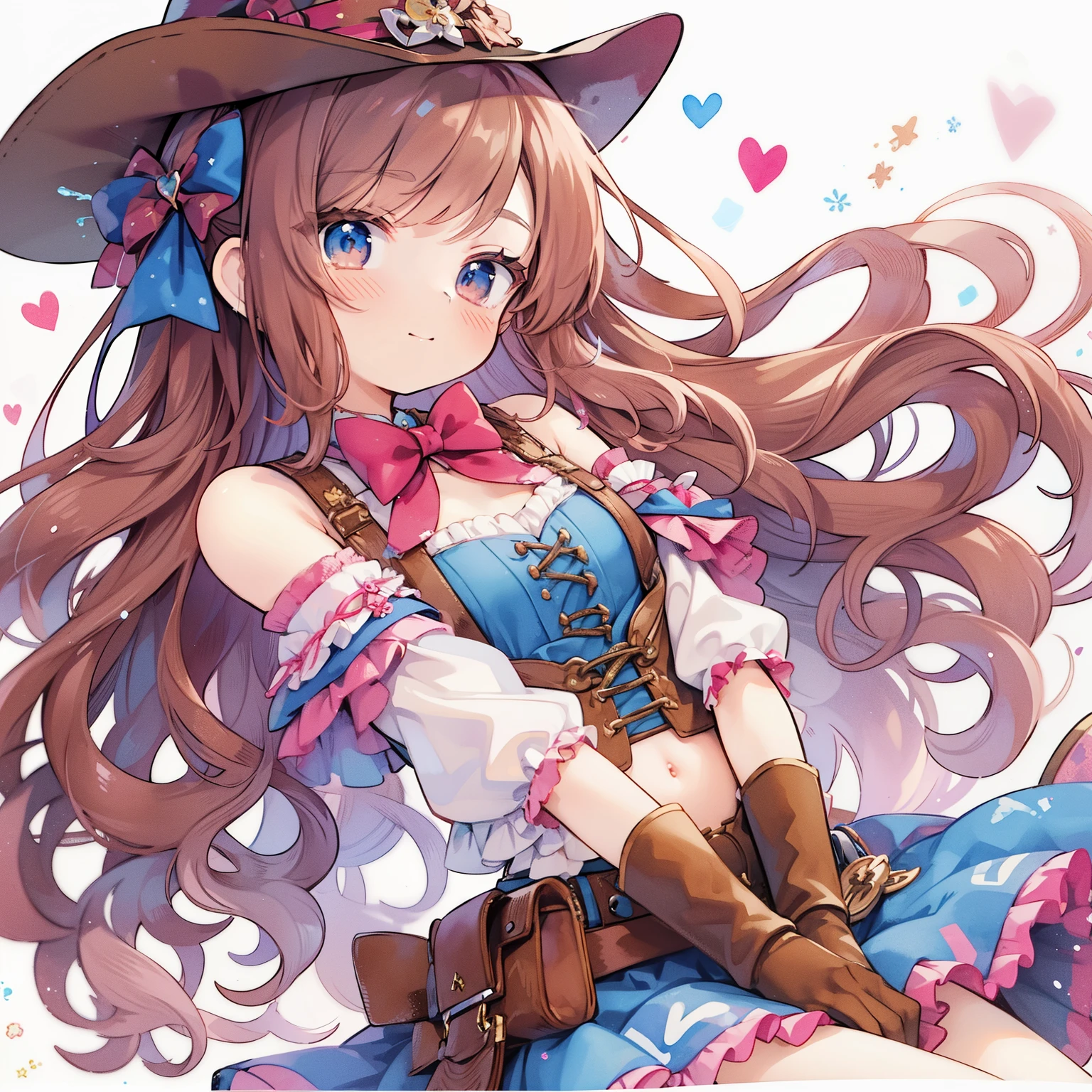 pastel watercolor anime、cowgirl、A girl dressed as a cow is smiling、Angle from above、masterpiece、(((fullbody:1.3,acrobatpause：1.3)))、glassees、Transparent watercolor,Copic Art,,, heart mark、, beautiful anime artwork, anime girl with long hair, nightcore, beautiful anime art,, (anime girl), beautiful anime, pixiv, , beautiful、a woman in a cowboy hat and dress sitting on a bed, small curvy , (anime girl), cute anime girl, kawacy, cowgirl, splash art anime , pretty anime girl, beautiful anime girl, anime visual of a cute girl, beautiful cowboy witch, cute anime waifu in a nice dress, anime best girl, anime girl with long hair