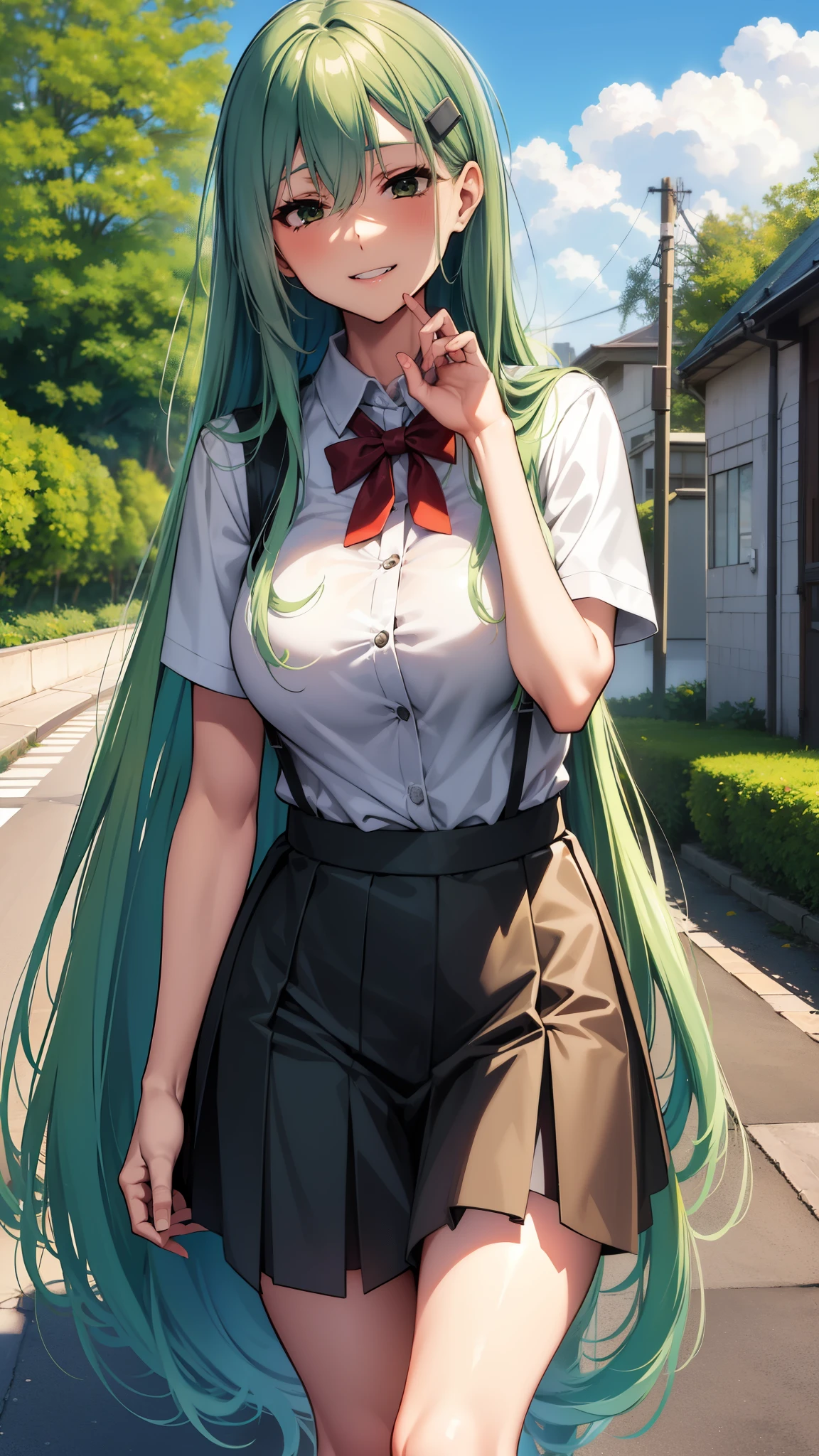 ,,green hair,very long hair,suzuya（kancolle）,suzuya（kantai collection）,hair clip,huge breasts,,outdoor ,sky,,school uniform,standing,smile,town