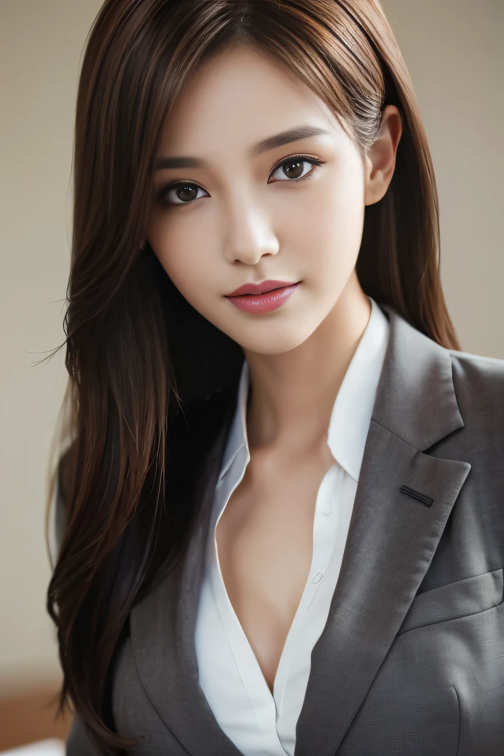 table top, highest quality, realistic, Super detailed, finely, High resolution, 8k wallpaper, 1 beautiful woman,, light brown messy hair, wearing a business suit, sharp focus, perfect dynamic composition, finelyて美しい目, thin hair, Detailed and realistic skin texture, smile, close-up portrait, model body shape