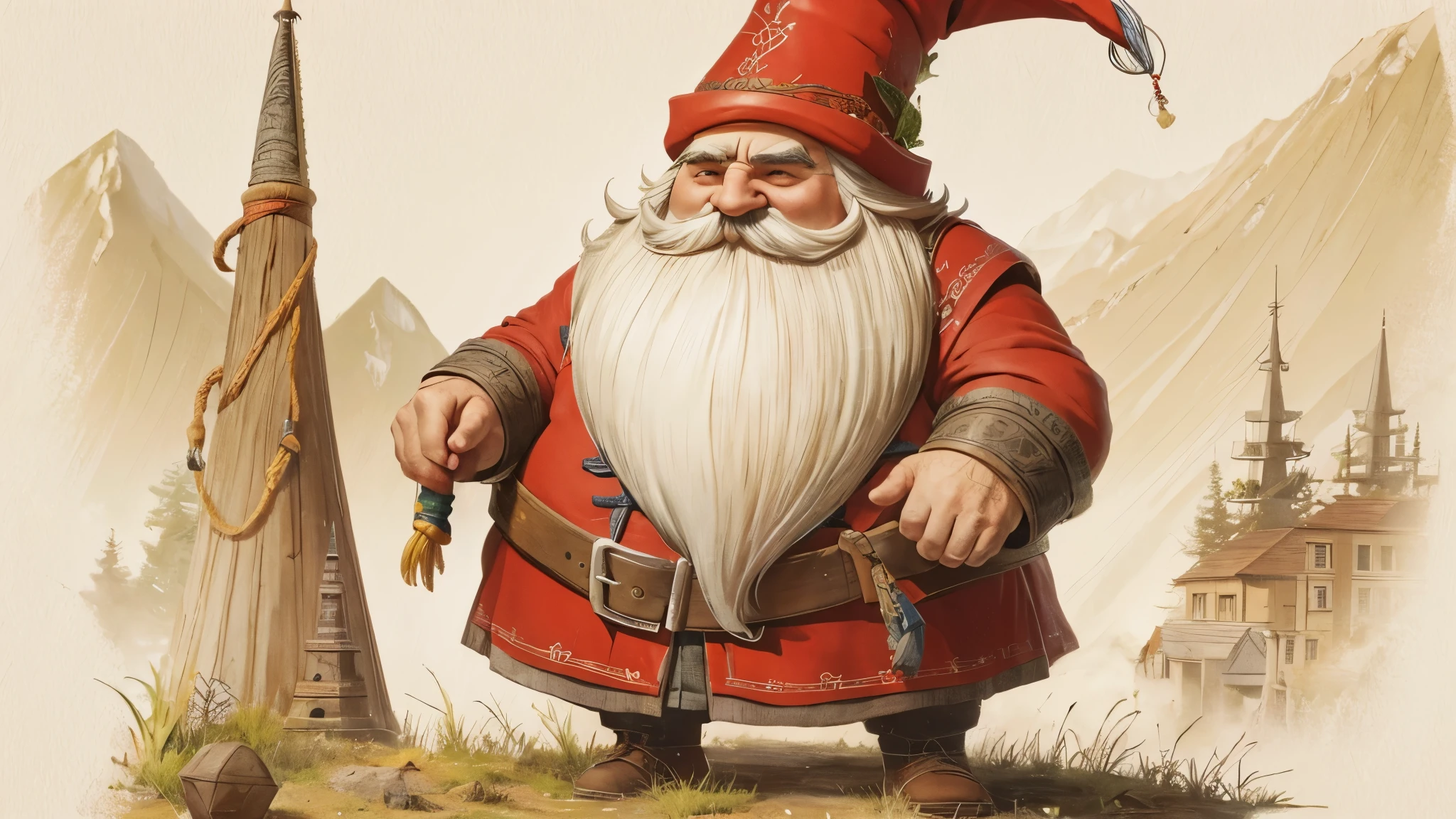 (master piece), 8k, best quality, book illustration, gnome, 40 centimeters tall, chubby, full white beard and a large mustache, red pointy hat, tied, tied with a rope on his arm