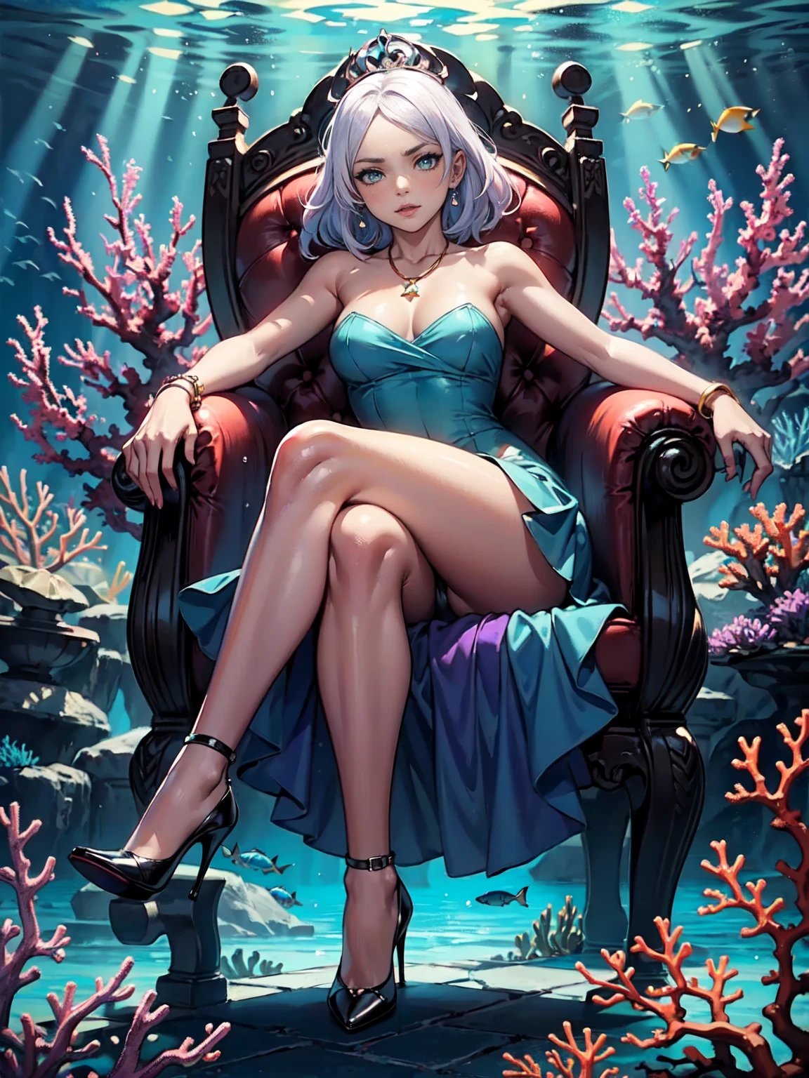 ((1girl, solo ,alone, shor hair, white hair, green eyes, small breasts, dark, tanned skin, fitness)), ((solo, 1woman, pink lipstick, Extremely detailed, ambient soft lighting, 4k, perfect eyes, a perfect face, perfect lighting, a 1girl)), austere, ((sitting on a throne, ((legs crossed, high heels, underwater, submerged in the ocean, deep sea, sea creatures, aqua)), sitting on her throne under; water, sea queen, mu yanling, Krenz Cushart and Artgerm, ((fish, coral)), shark, turtle, algae)), ((long dress, elegant dress , formal lavender blue dress, (Lavender Blue dress), bracelets, ruby earrings, gold necklace, diamond, sovereign))