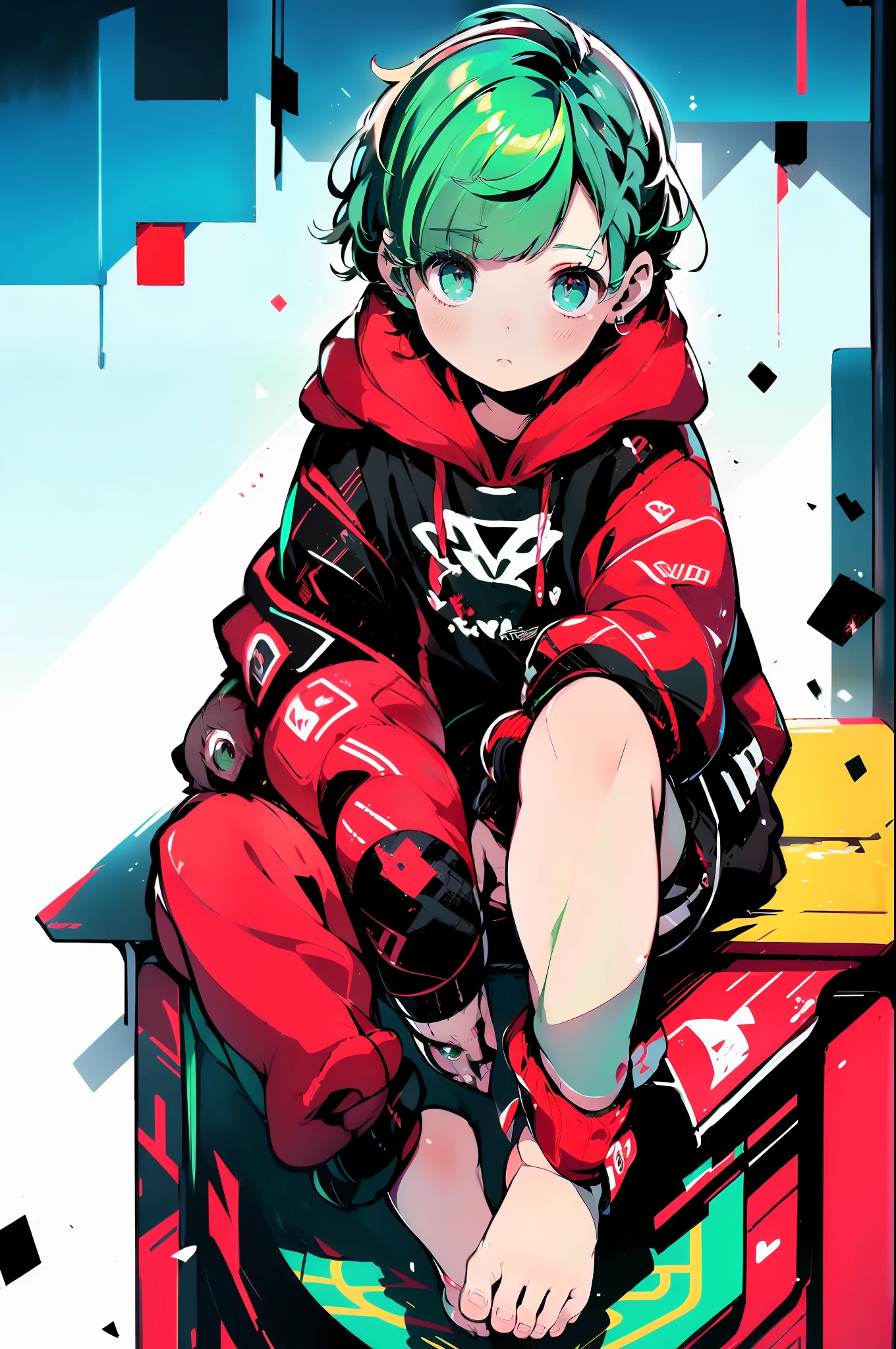 (barefoot:1.4), (hoodie:1.4), (green hair:1.4), (shiny:1.4), (bright red eyes:1.4), (bright green eyes:1.4), (chubby:1.4), (soft light:1.4), (train:1.4), (sitting:1.4), (overweight toddler:1.1), (Masterpiece:1.2), (vivid colors:1.1), (realistic:1.37)
If you need more details,please tell me,I will continue to generate for you。