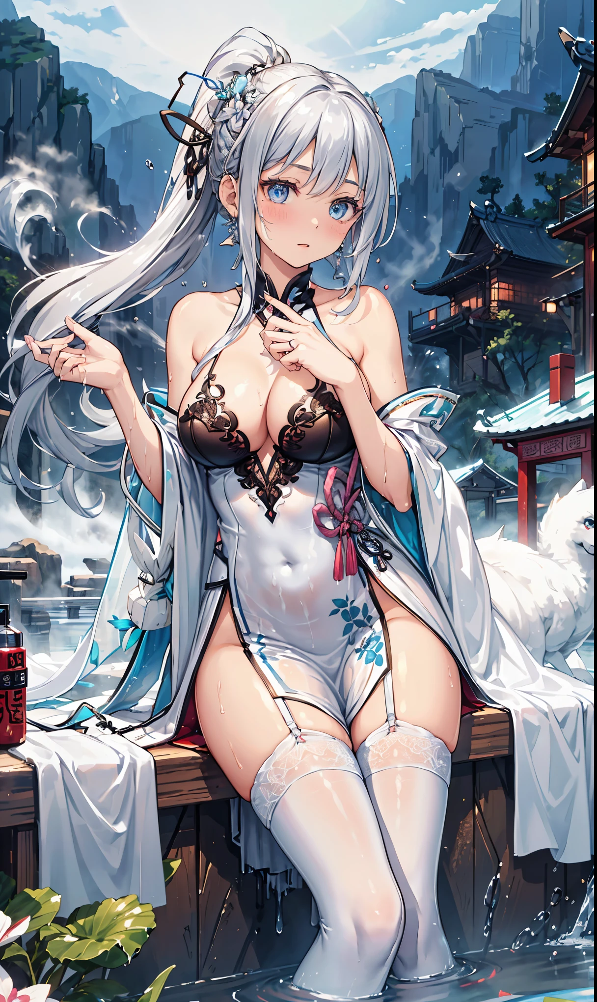 top quality，best resolution，(Soaked的白色长旗袍），super detailed, White double ponytail hair，20 years old young girl，Gorgeous的雕纹，Design intricate clothes，blue eyes，she has earrings, wealth，Gorgeous， imagine，Elegant and charming，Slightly curvy figure，((White transparent white garter stockings)),((Soaked，Adjacent to ancient Chinese hot springs，Foggy weather，Fantasy magic))，night，Glamorous pose，Repair legs