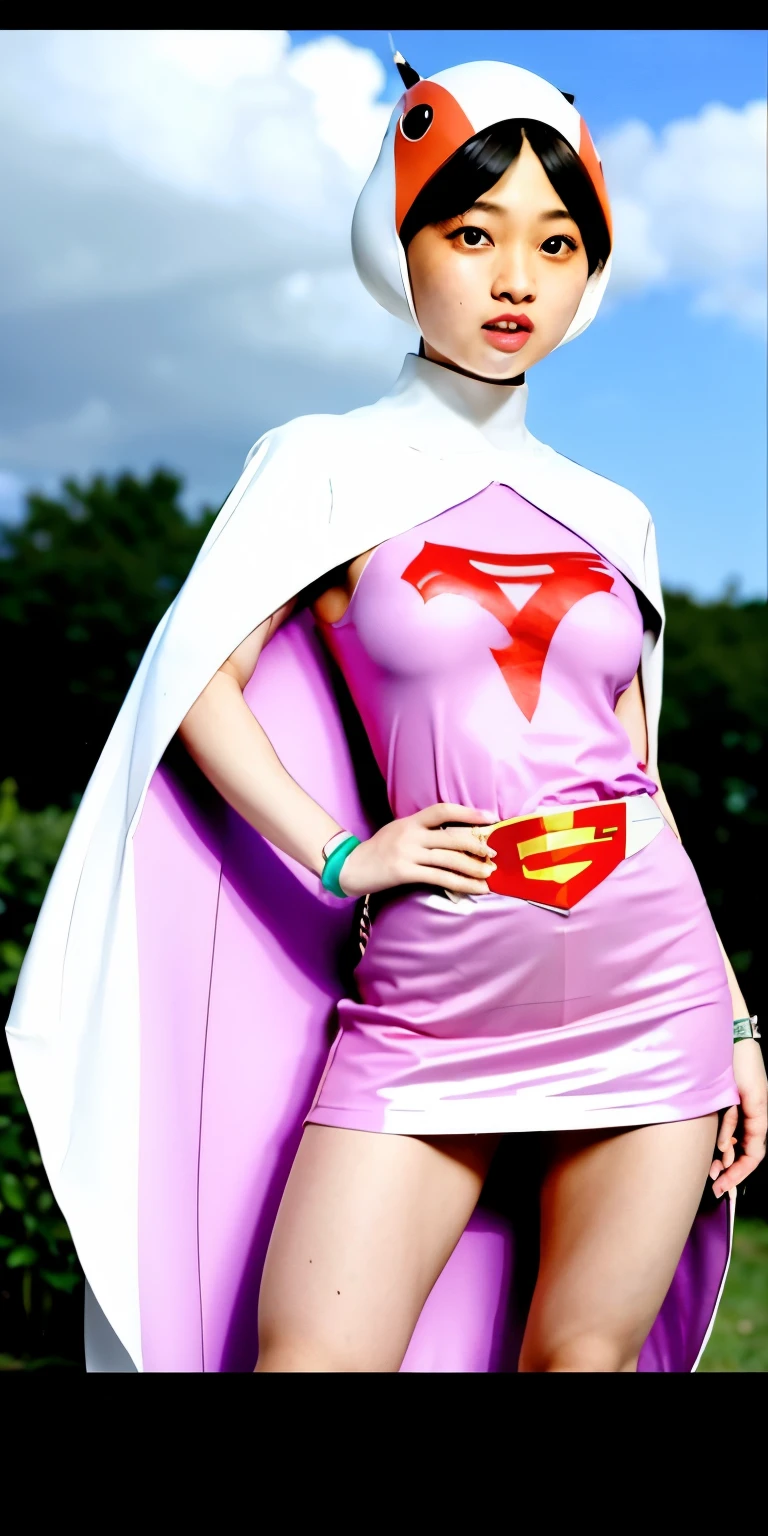 Highest image quality、real image、18-year-old美少女、ポニーテールbeautiful woman、beautiful sister、A woman wearing a pink dress and cloak is standing in front of a building, 18-year-oldの女の子,Jun the Swan、knee high boots science ninja、white panties、beautiful woman、 As a retro-futuristic heroine, 18-year-old、As a retro-futuristic heroine, beautiful thighs、sheila, she - ra, anime female hero portrait, Portrait of a modern dharna, anime visual of super girl, super girl, official art, Dinah Drake, hironaka, Blowjob White Mecha Miniskirt