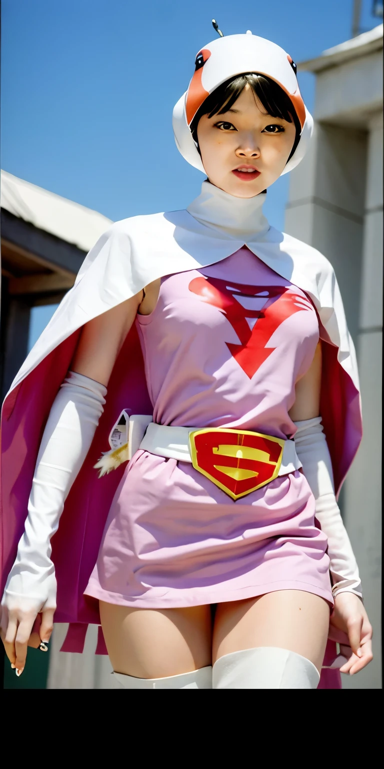 Highest image quality、real image、18-year-old美少女、ポニーテールbeautiful woman、beautiful sister、A woman wearing a pink dress and cloak is standing in front of a building, 18-year-oldの女の子,Jun the Swan、knee high boots science ninja、white panties、beautiful woman、 As a retro-futuristic heroine, 18-year-old、As a retro-futuristic heroine, beautiful thighs、sheila, she - ra, anime female hero portrait, Portrait of a modern dharna, anime visual of super girl, super girl, official art, Dinah Drake, hironaka, Blowjob White Mecha Miniskirt