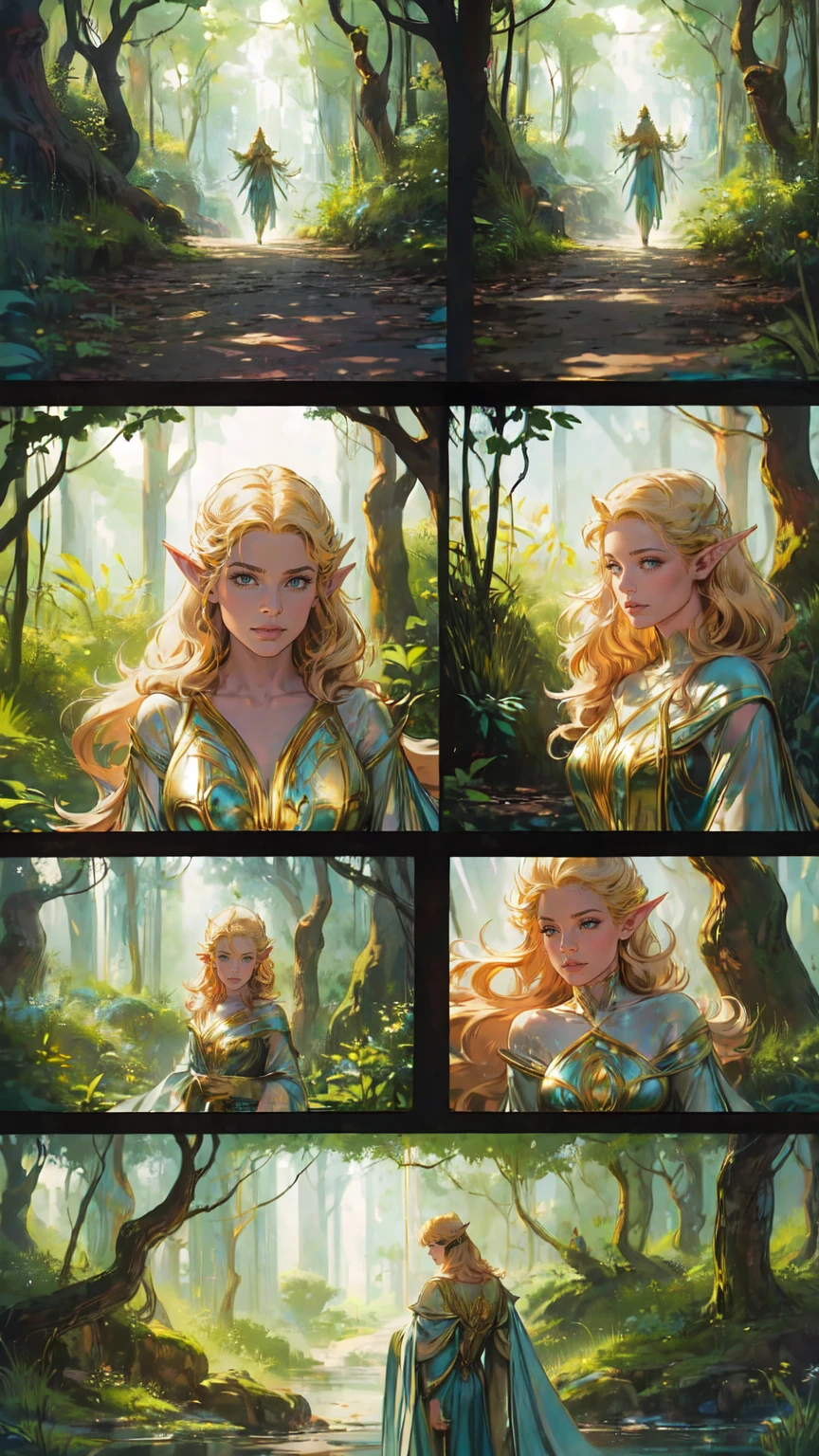 "Elf with a captivating gaze, ethereal beauty, flowing golden hair, adorned in intricate elven attire, surrounded by mystical forest, soft sunlight filtering through lush greenery."