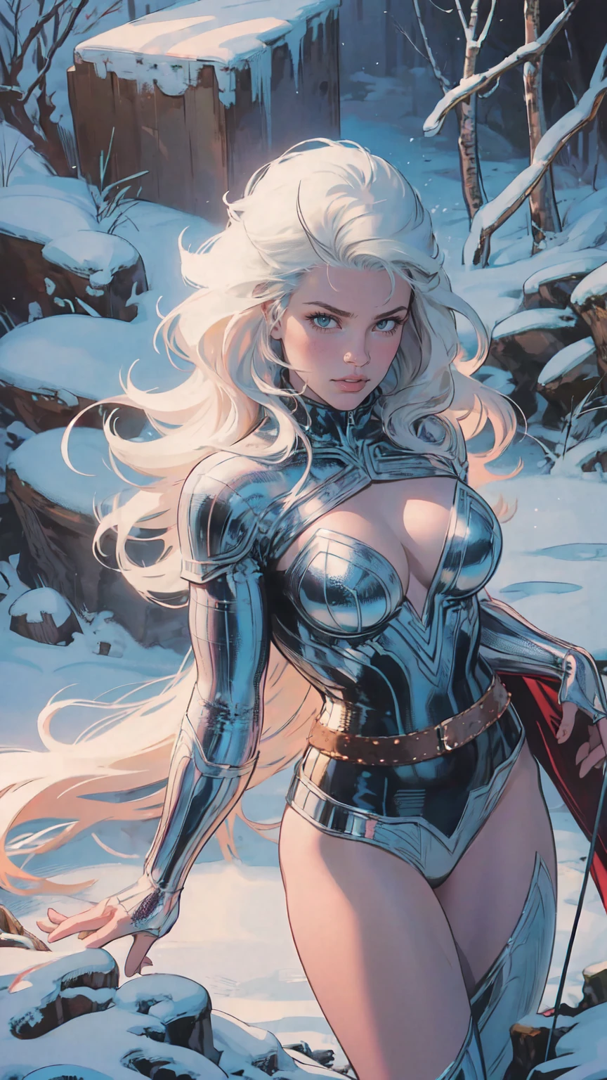 Viking warrior woman,blue eyes,platinum blonde hair,Scandinavian forest,winter,ultra quality image,realistic details,HDR