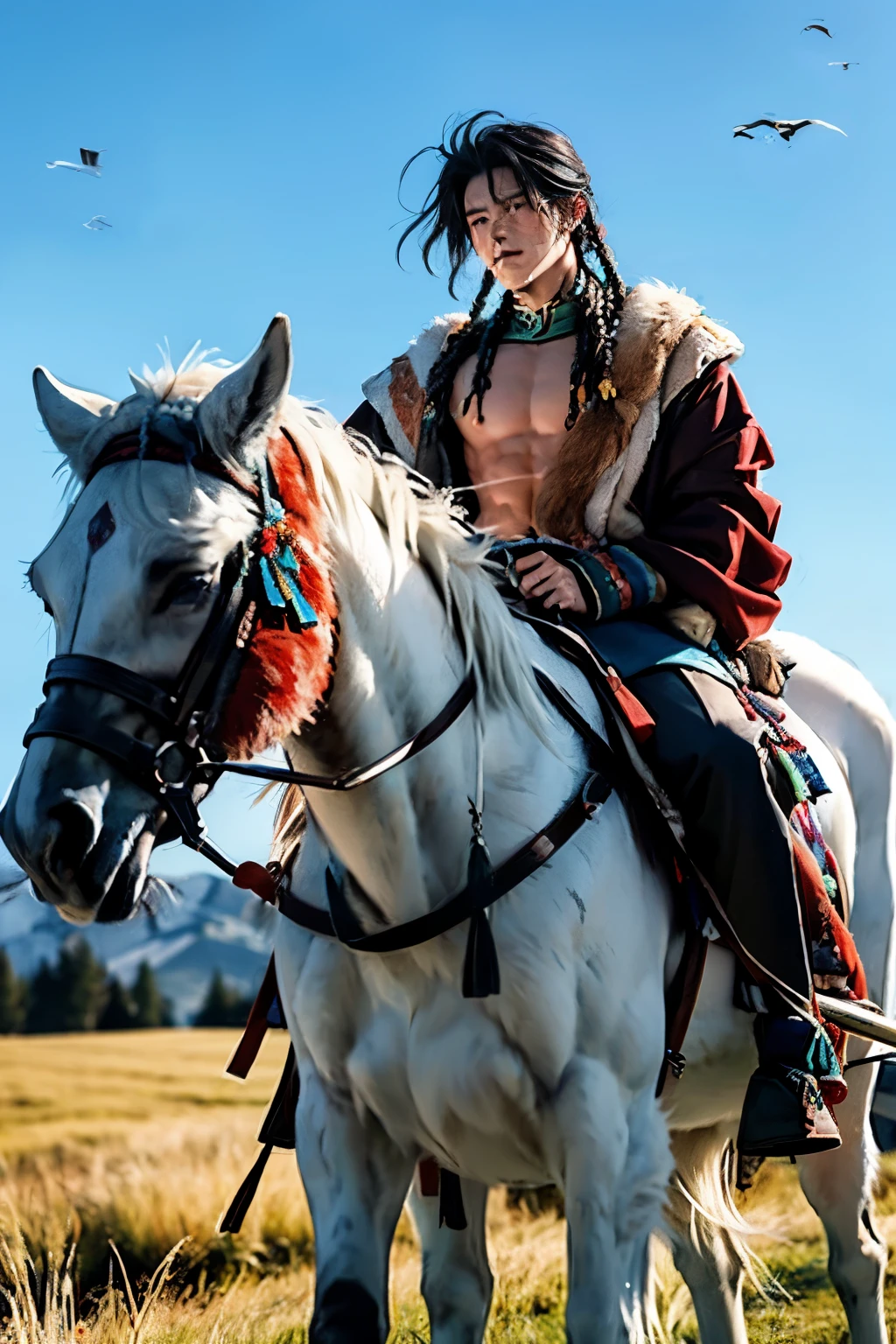 1boy,braids,bare-chested,muscular,young,abs,male solo,riding horse,fur,Tibetan clothing,depth of field,vfx,wilderness,meadow,cold tones, winter.