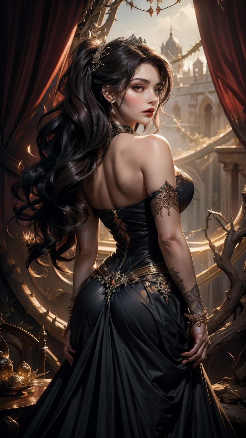 best qualtiy,  超A high resolution, detail portrayal, from behind, Beautuful Women, large full breasts, Dragon tattoo all over the back, Fluffy clothes, toned and muscular body,