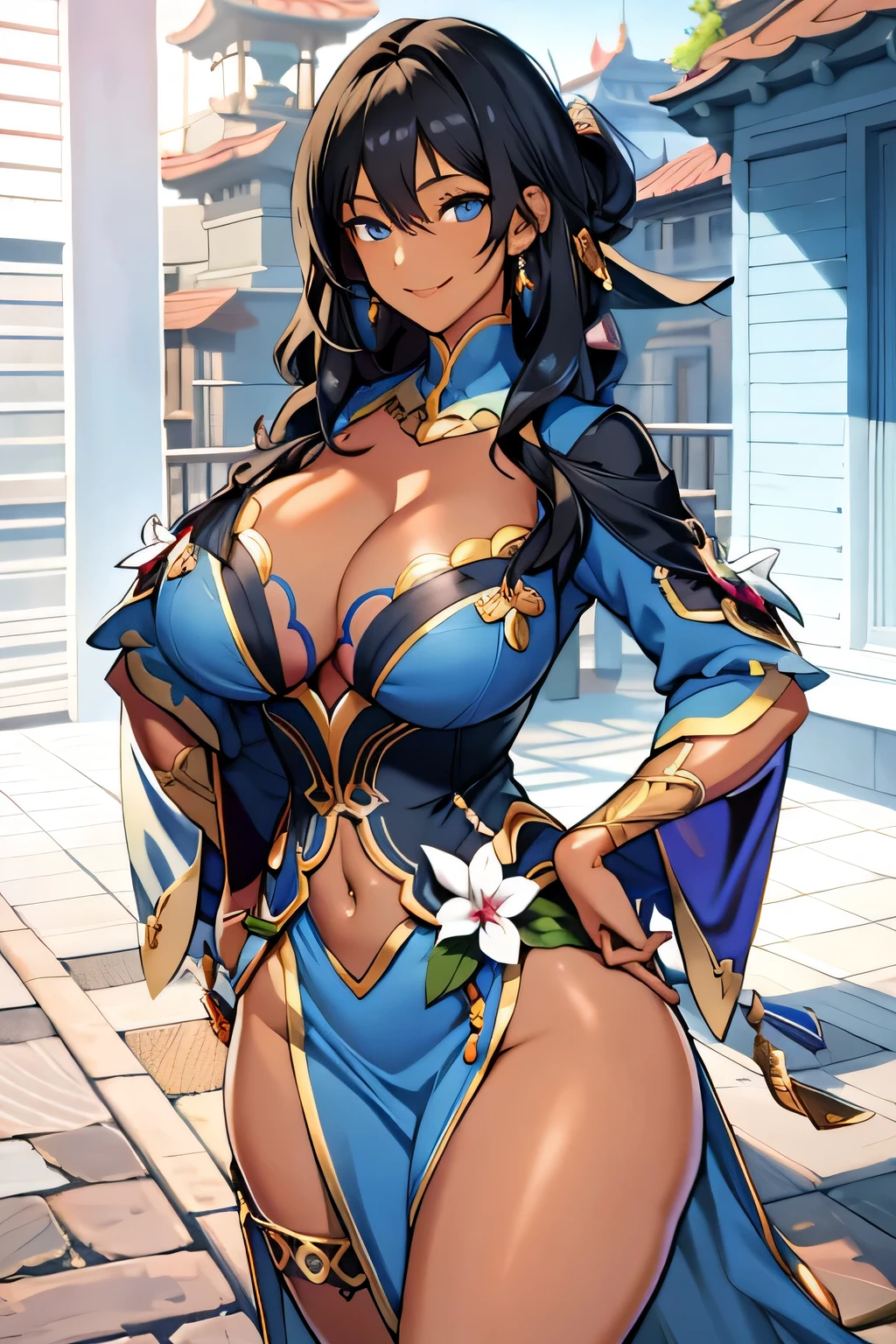 long black hair, colored skin, brown skin, blue eyes, solo, smiling, standing, upper body, hips, gigantic , blue clothes, cleavagdetailed(best quality,highres:1.2), ultra-detailed eyes