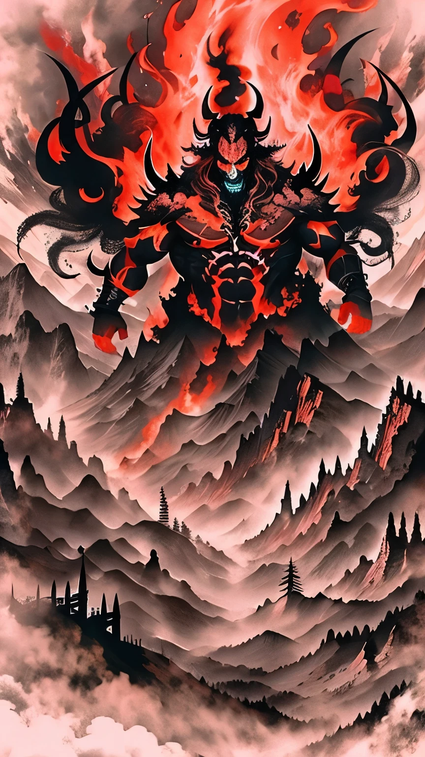 hell, ink style,ink,Smudge, hell from above, view from above, 8K,super-fine, You can see the whole hell, monsters, mountains, scary, diablo.
