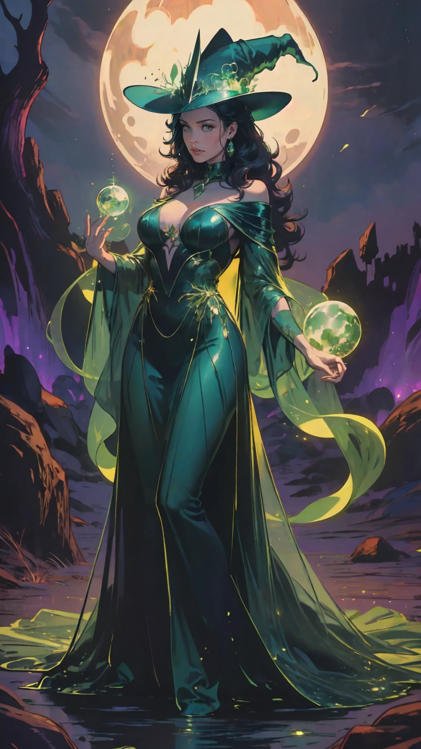 (best quality,4k,8k,highres,masterpiece:1.2),ultra-detailed,(realistic,photorealistic,photo-realistic:1.37), portrait, sorceress, moonlight, pumpkin, eerie glow, spooky, atmospheric, enchanting, dark and enchanting, golden hour, Halloween, mystical, magical, witch, sorcery, spellbinding, ethereal, mystical fog, mysterious, haunting, shadowy figures, enchanting forest, bewitching, moonbeam, mystical aura, bewitching green eyes, captivating, otherworldly, witchcraft, moonlit sky, enchanted evening, sorceress's lair, bewitched pumpkin, moonlit silhouette, mystical powers, mysterious atmosphere, spellcaster, moonlit magic, hauntingly beautiful, enchantment in the air, ethereal beauty, wearing emerald bewitch green dress, (full body)