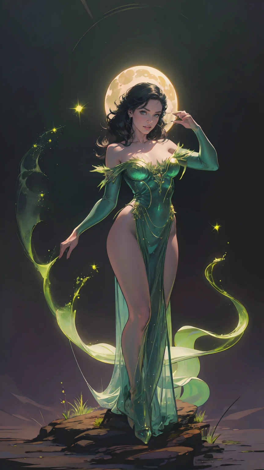 (best quality,4k,8k,highres,masterpiece:1.2),ultra-detailed,(realistic,photorealistic,photo-realistic:1.37), portrait, sorceress, moonlight, pumpkin, eerie glow, spooky, atmospheric, enchanting, dark and enchanting, golden hour, Halloween, mystical, magical, witch, sorcery, spellbinding, ethereal, mystical fog, mysterious, haunting, shadowy figures, enchanting forest, bewitching, moonbeam, mystical aura, bewitching green eyes, captivating, otherworldly, witchcraft, moonlit sky, enchanted evening, sorceress's lair, bewitched pumpkin, moonlit silhouette, mystical powers, mysterious atmosphere, spellcaster, moonlit magic, hauntingly beautiful, enchantment in the air, ethereal beauty, wearing emerald bewitch green dress, (full body)