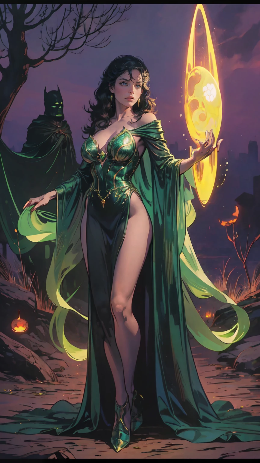 (best quality,4k,8k,highres,masterpiece:1.2),ultra-detailed,(realistic,photorealistic,photo-realistic:1.37), portrait, sorceress, moonlight, pumpkin, eerie glow, spooky, atmospheric, enchanting, dark and enchanting, golden hour, Halloween, mystical, magical, witch, sorcery, spellbinding, ethereal, mystical fog, mysterious, haunting, shadowy figures, enchanting forest, bewitching, moonbeam, mystical aura, bewitching green eyes, captivating, otherworldly, witchcraft, moonlit sky, enchanted evening, sorceress's lair, bewitched pumpkin, moonlit silhouette, mystical powers, mysterious atmosphere, spellcaster, moonlit magic, hauntingly beautiful, enchantment in the air, ethereal beauty, wearing emerald bewitch green dress, (full body)