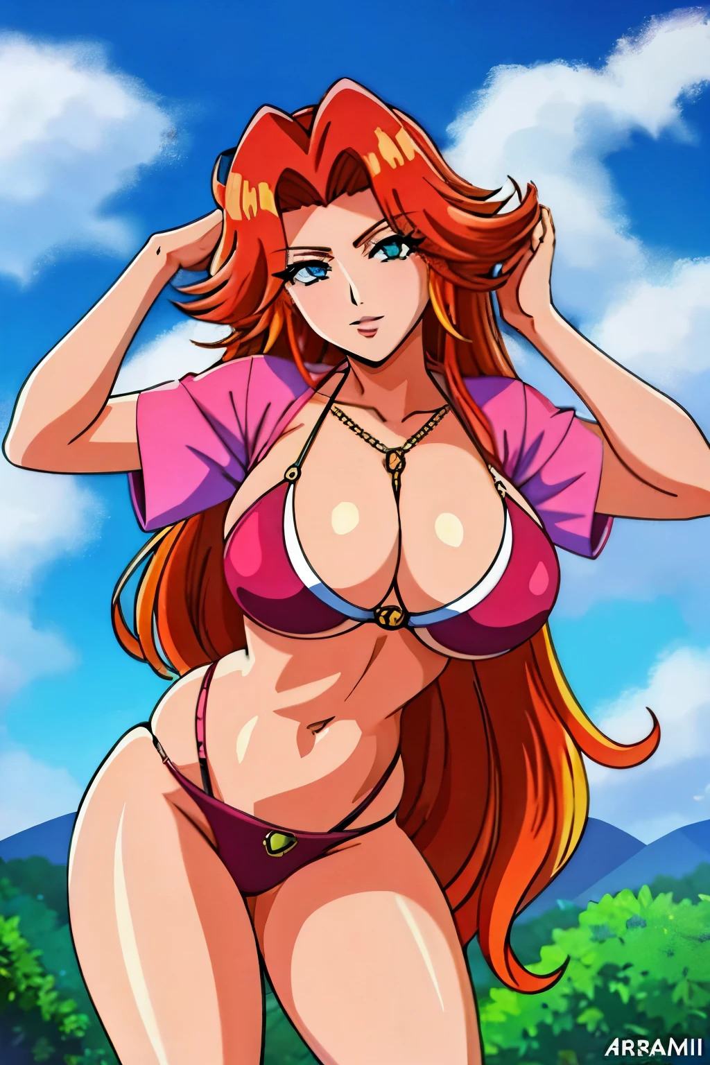 Rangiku Matsumoto with red hair and a bikini verde top posing for a picture, amoranto, better known as amoranto, young beautiful amoranto, amoranto as a super villain, diminuto bikini, chica pelirroja, artgasm, 🐎🍑, bikini realista, Abigail de Stardew Valley, bikini model, chica sexy, bikini verde