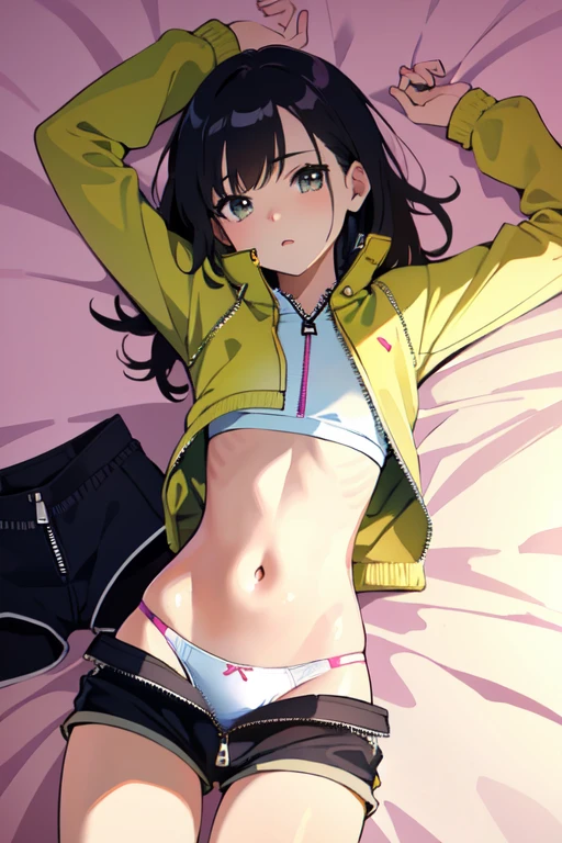 (masterpiece, highest quality), Bedroom, 1 girl, , , ,anatomically correct body, flat chest, (sweater), (((shorts with zipper removed))), (open fly), (kids panties), in a colorful Bedroom, lying on the bed, From above, morning, dazzling sunlight, white, bright colors, watercolor、a lot of sweat