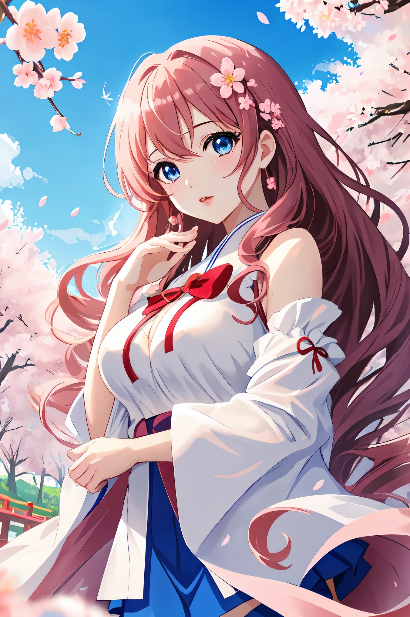 anime、1 female、bottom angle、whole body、semi-long、curly hair、blue eyes、dense lips、well-groomed face、one piece、mini skirt、valley、beautiful breasts、cherry blossoms、cherry blossoms吹雪、Kyoto cityscape、sunlight、masterpiece、ultra high resolution、delicate、16k、perfect lighting