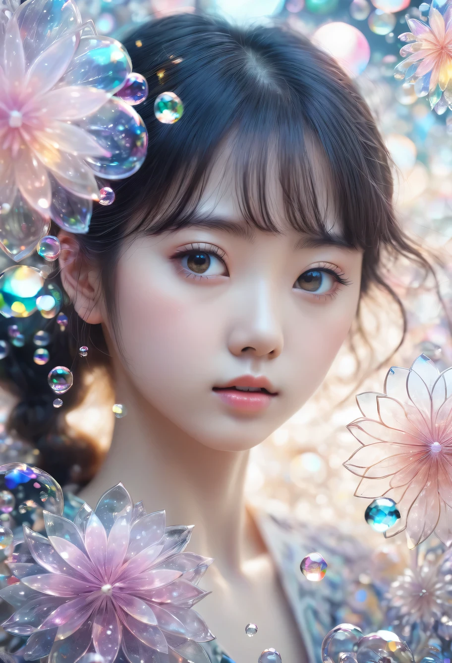 RAW photo, picture, masterpiece, best quality, insane details, 8k, 16k
, bokeh
, cinematic light, perfect lighting
, 1girl, 18yo, Japanese, chitanda_eru
, blank background
, fractal, zentangle
, pastel colored
, (crystal, crystal flower, crystal bubbles, transparent, resin:1.4) color