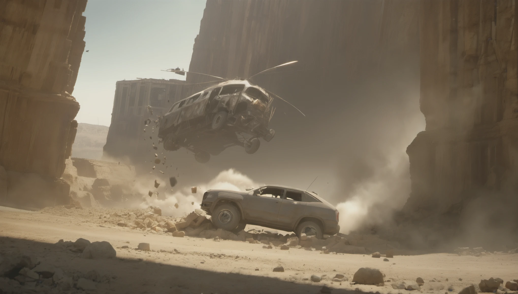 Breathtaking graphics from the Attack on Titan universe, filming epic races in the distance in small cars from Mad Max against the backdrop of wasteland and canyons near industrial plants , breathtaking scenery, and impressive lighting effects, that create impressive visual experiences, cars eat very far. (rock collapse above cars),((rockets fly into the rock and explode))