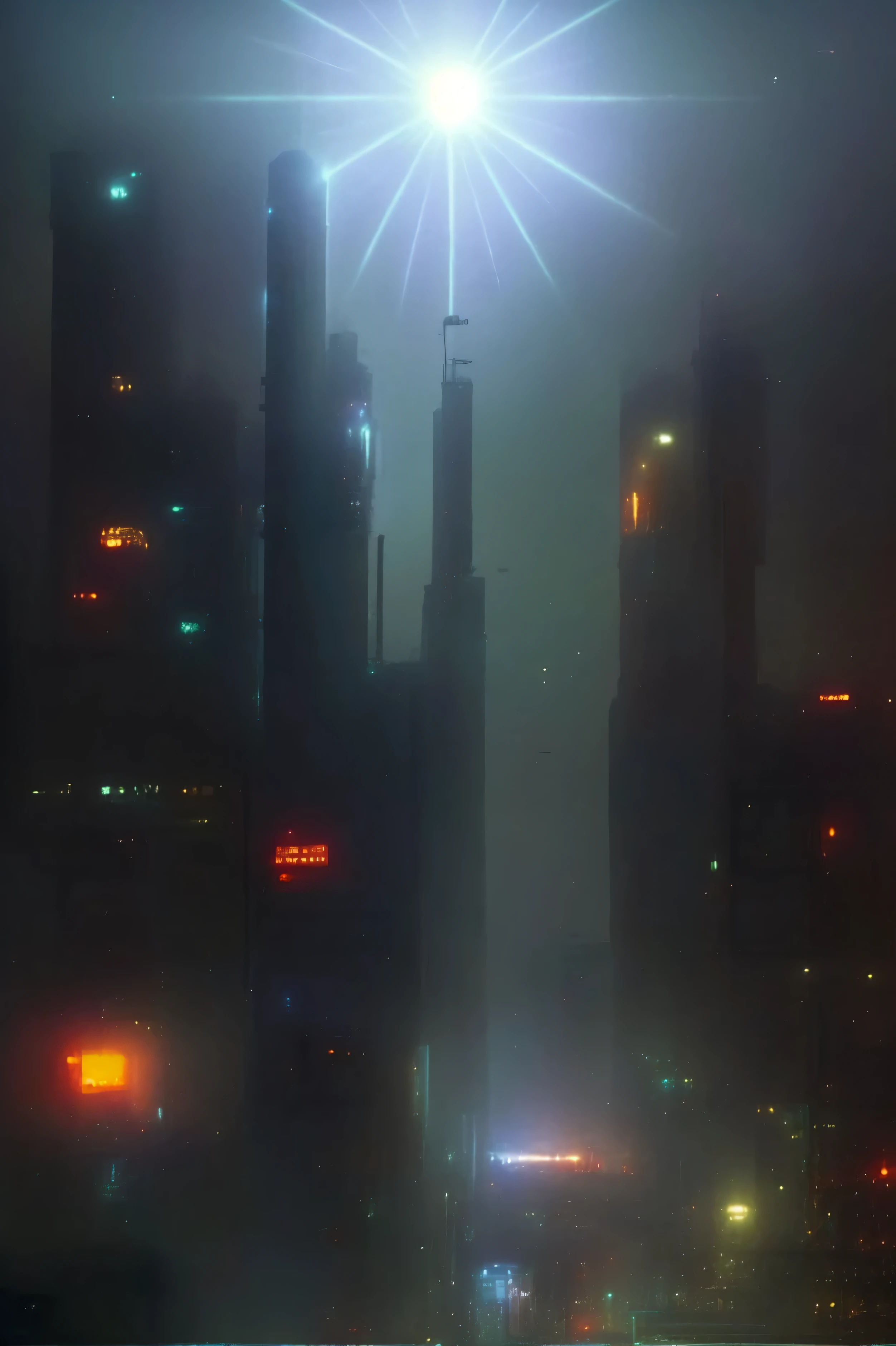 a city at night with a bright star shining over the city, in cyberpunk city, cyberpunk cityscape, cyberpunk city, cyberpunk blade runner art, reminiscent of blade runner, in a futuristic cyberpunk city, dark cyberpunk metropolis, hyper realistic cyberpunk city, cyberpunk metropolis, in a cyberpunk city, cyberpunk lights, beautiful cyberpunk city, busy cyberpunk metropolis, a cyberpunk cityscape