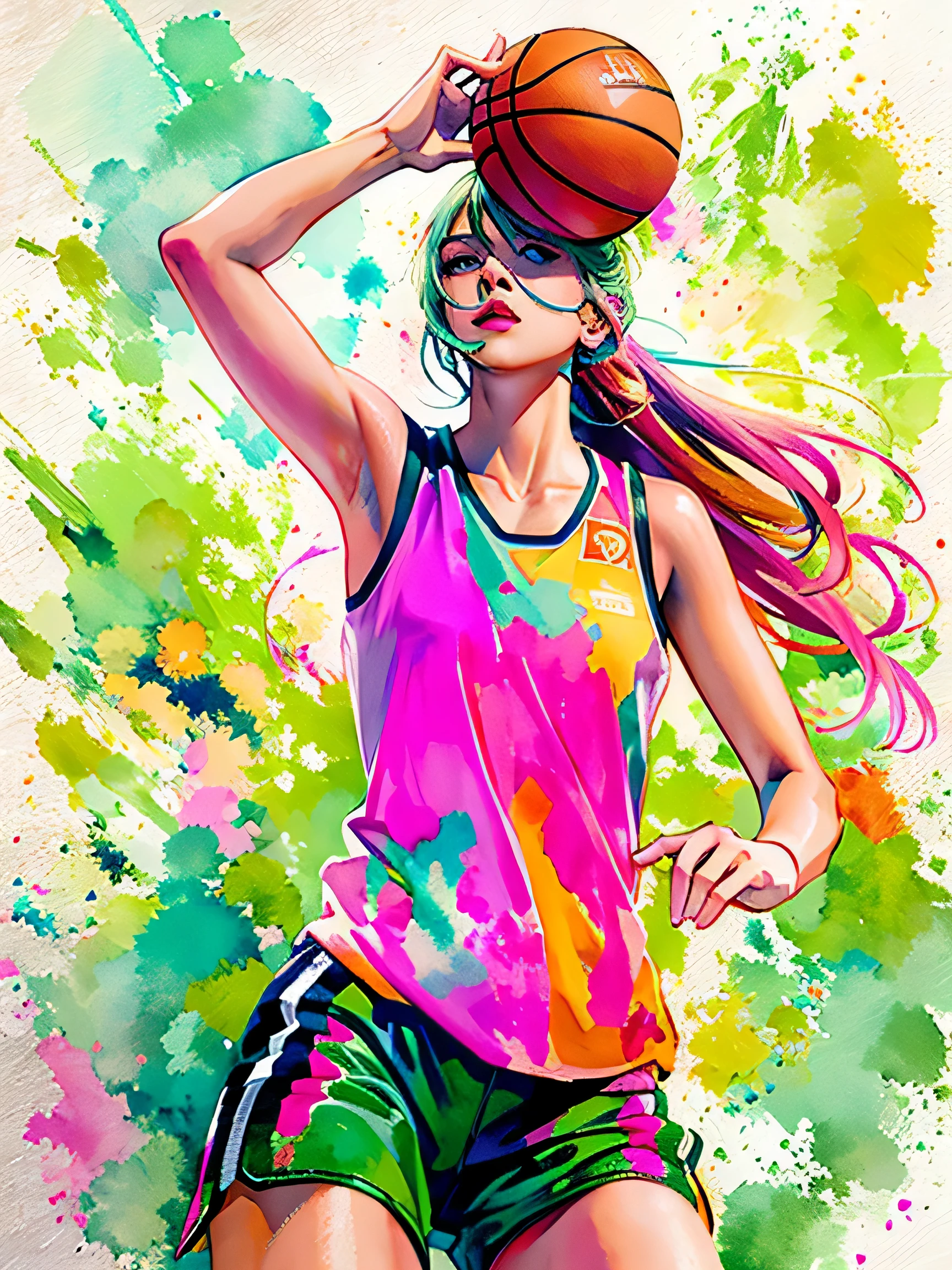 watercolor painting, 8K resolution、((highest quality))、((masterpiece))、((Super detailed))、(((most fashionable design)))、1 female、alone、incredibly absurd、 (((The most beautiful athlete girl of all time))), (((stylish basketball shirts))), lips in love, stylish cap、(((running)))、neon、small breasts、play basketball